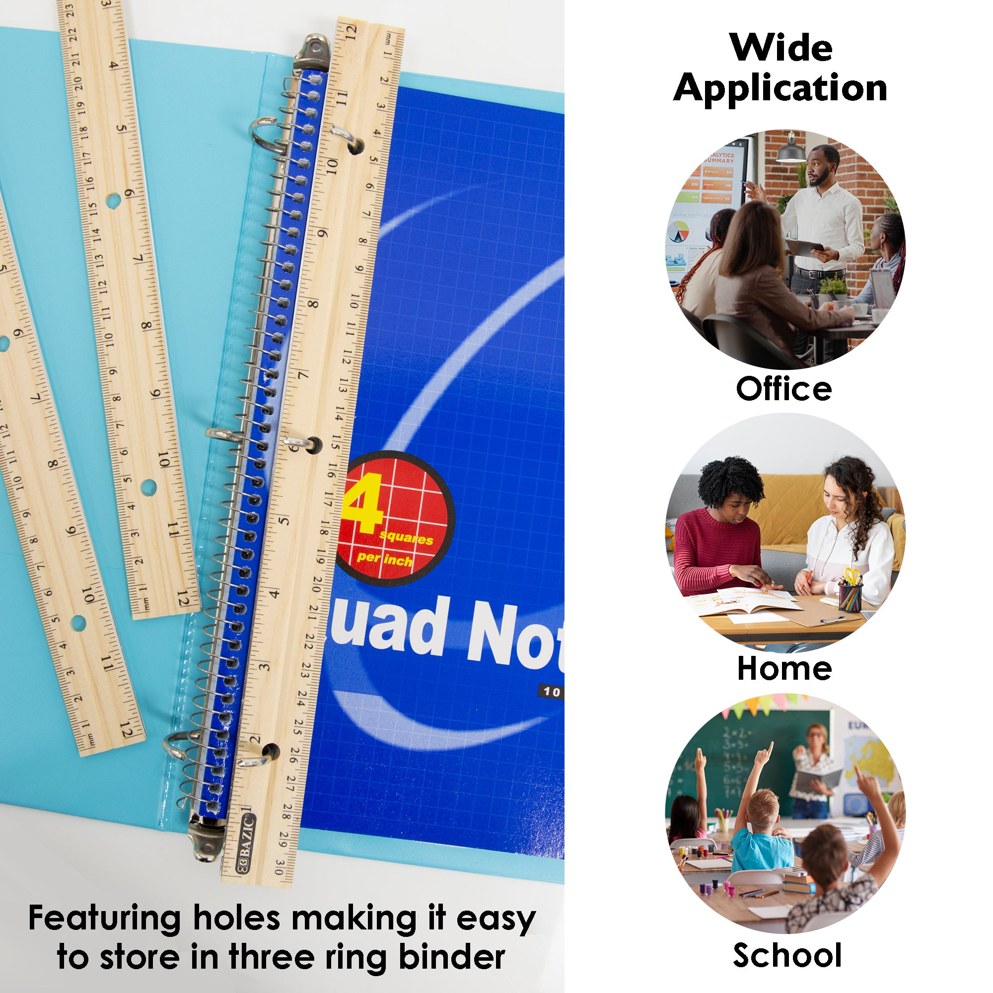 12" (30cm) Wooden Ruler (3/Pack)