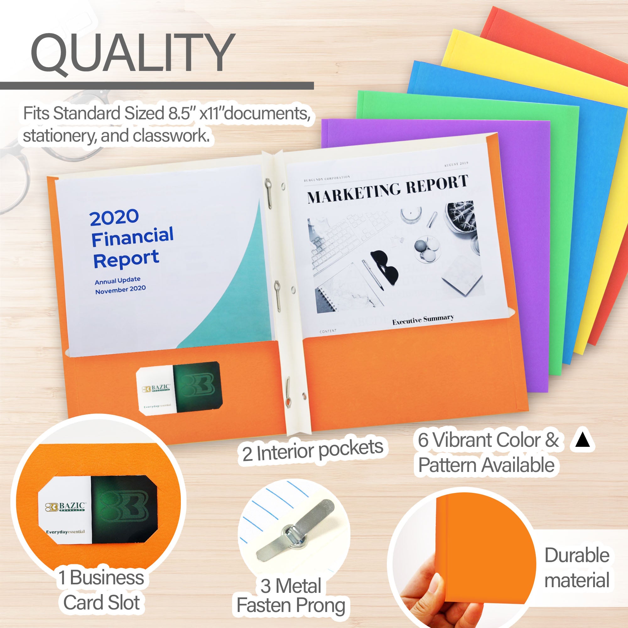 Asst. Color 2-Pocket Portfolios w/ 3-Prong Fastener