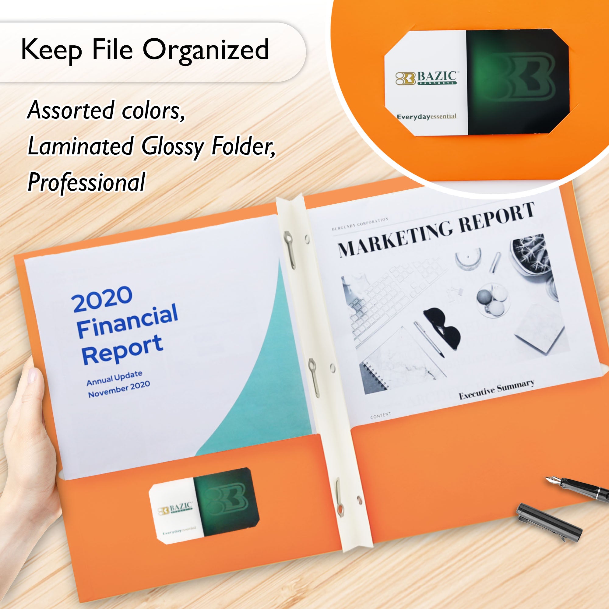 Glossy Laminated 2-Pocket Portfolios w/ 3-Prong Fastener