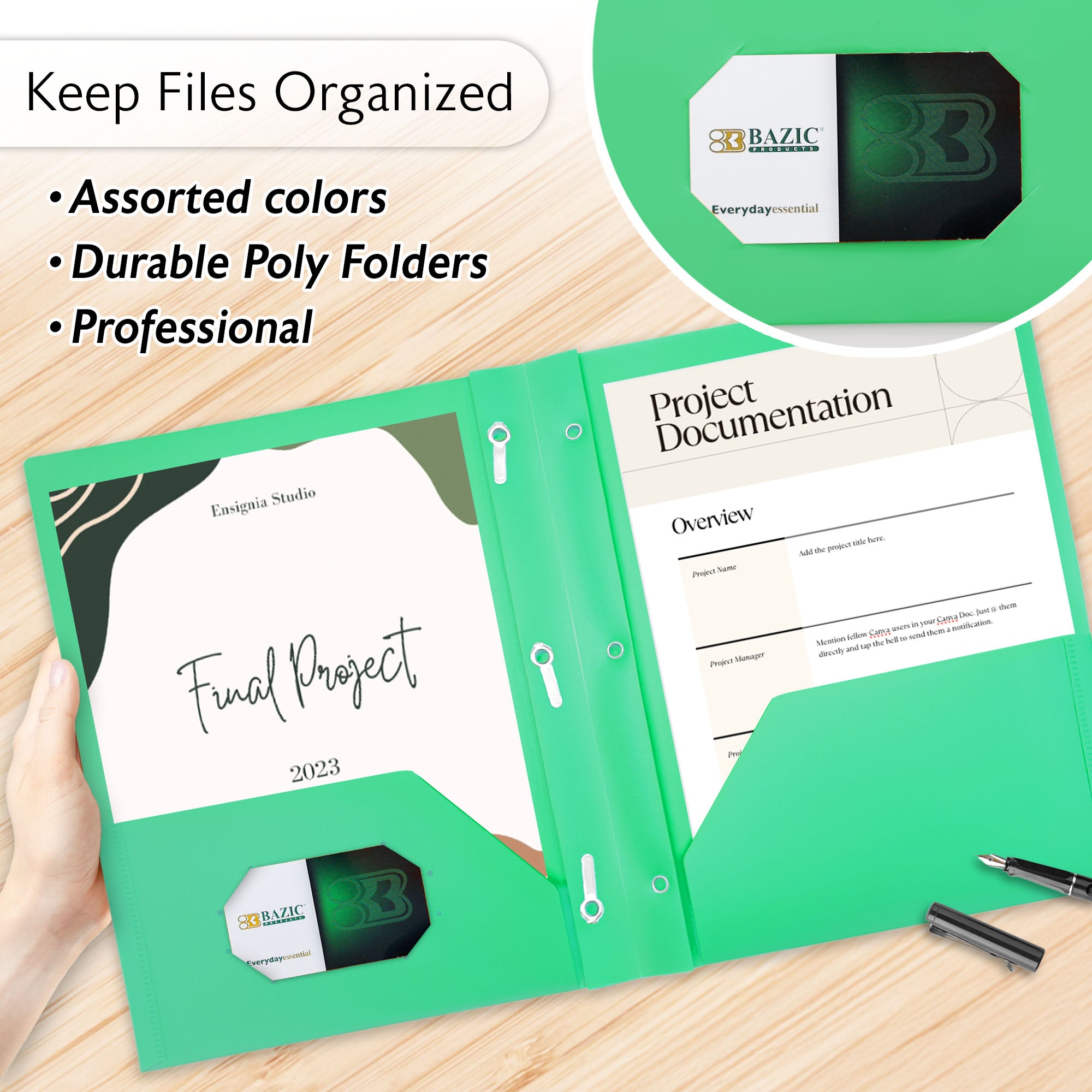 Solid Color 2-Pocket Poly Portfolio w/ 3 Prongs