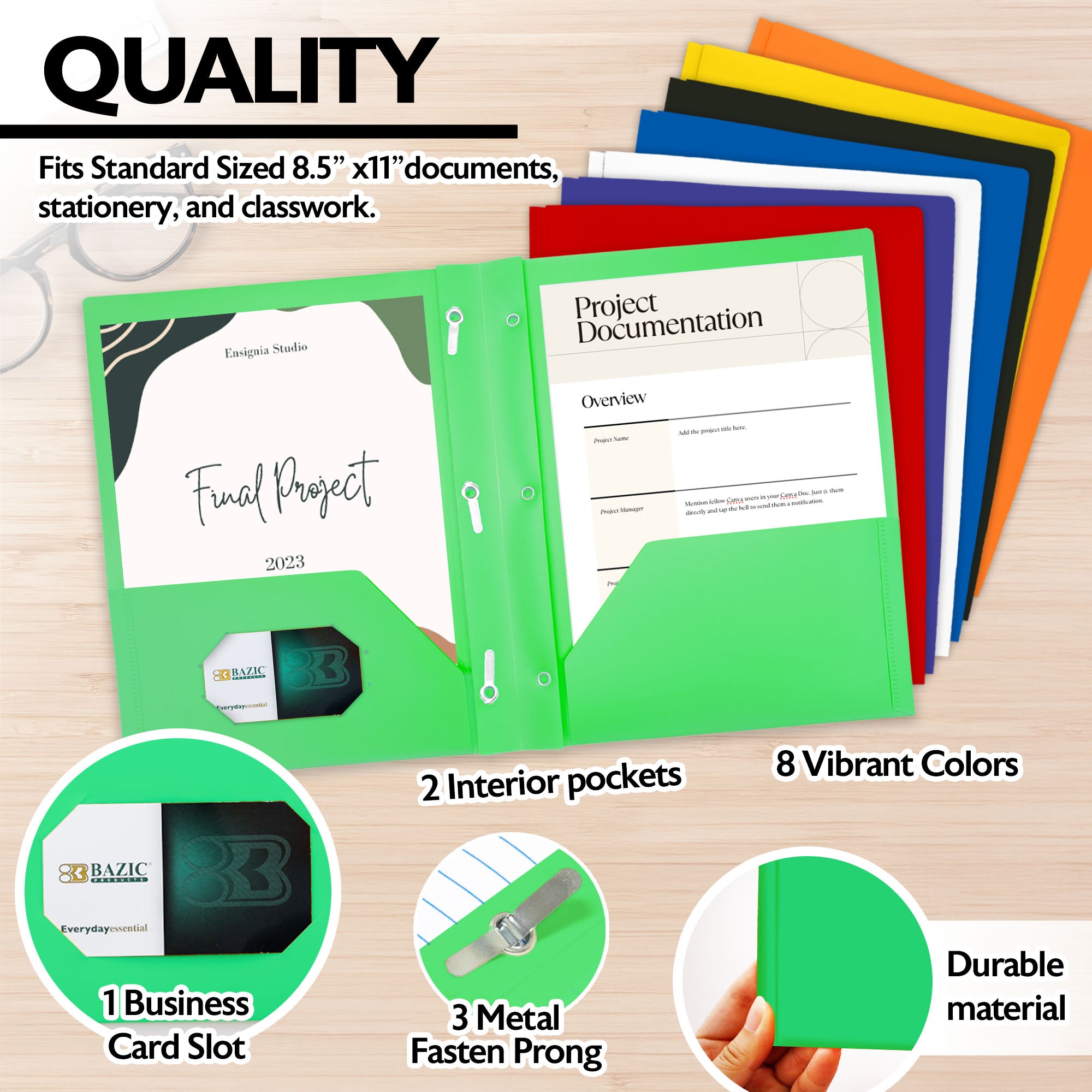 Solid Color 2-Pocket Poly Portfolio w/ 3 Prongs