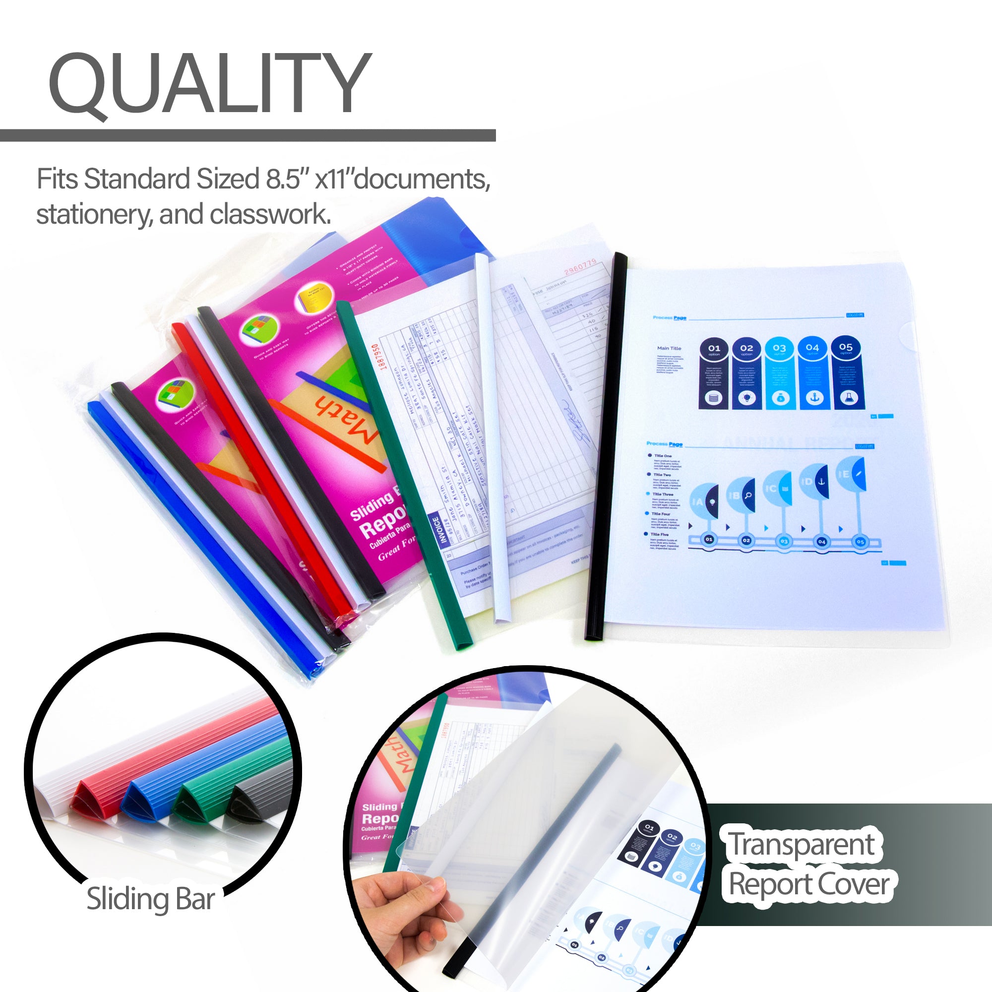 Clear Front Report Covers w/ Sliding Bar (3/Pack)