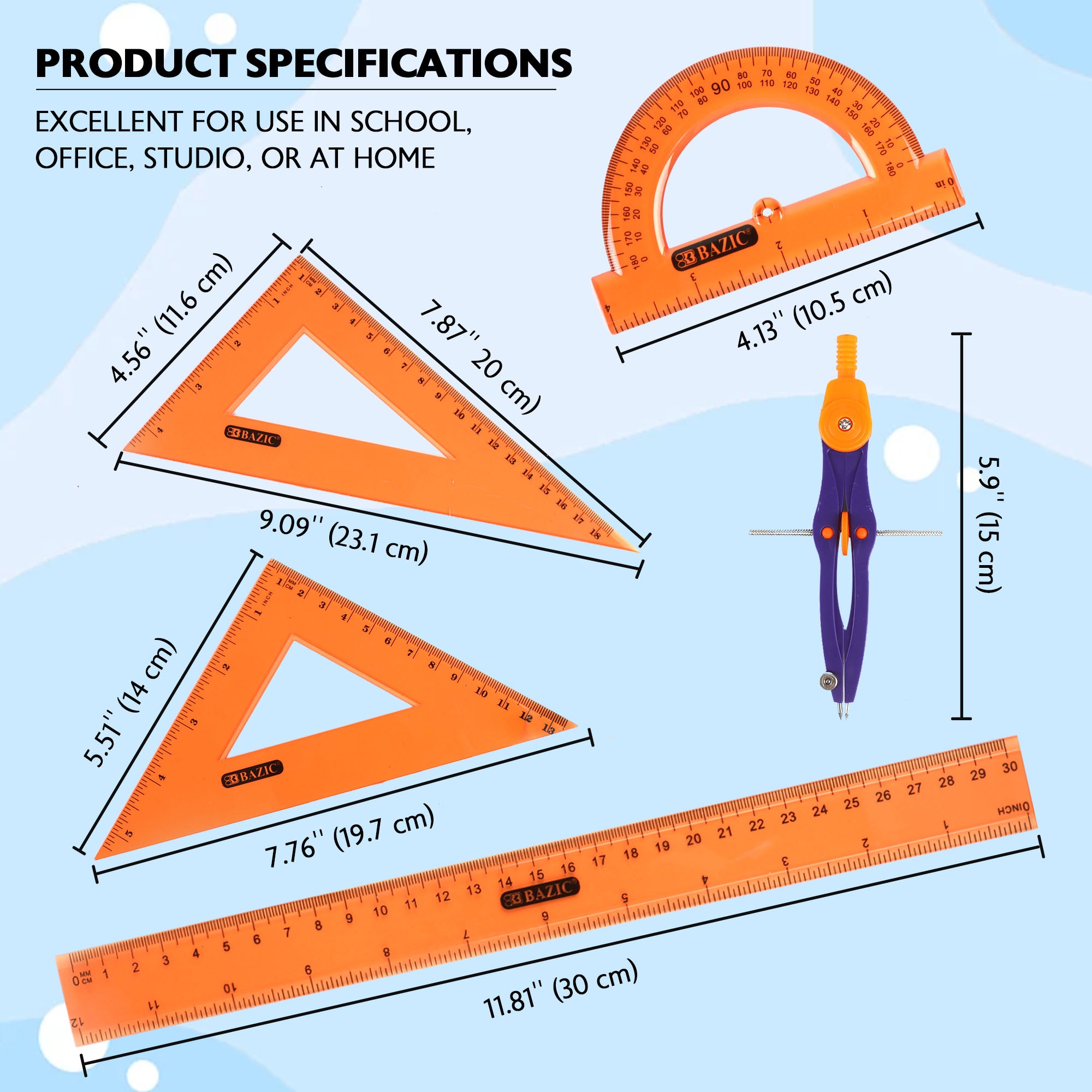 4-Piece Geometry Ruler Combination Sets w/ Center Wheel Compass