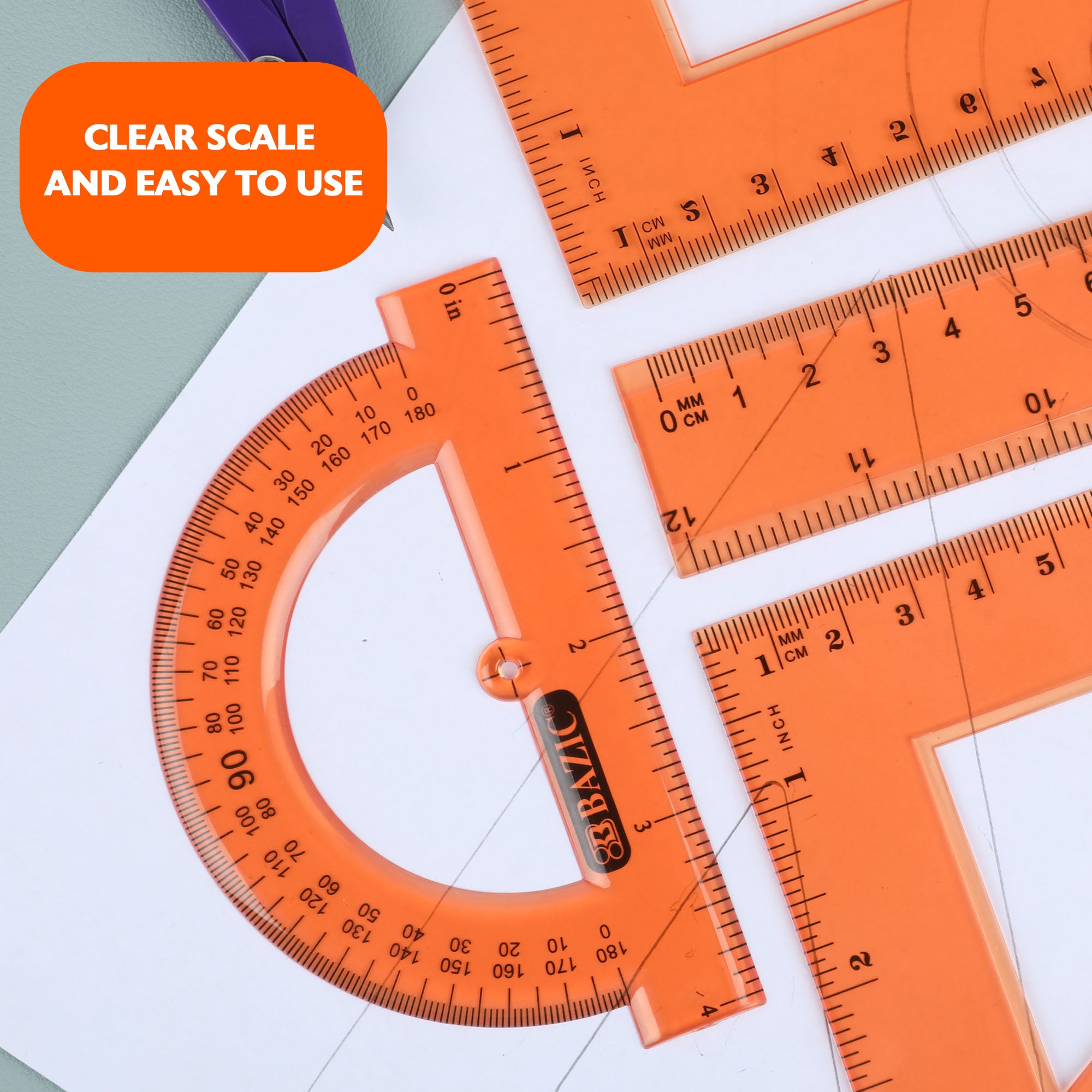 4-Piece Geometry Ruler Combination Sets w/ Center Wheel Compass