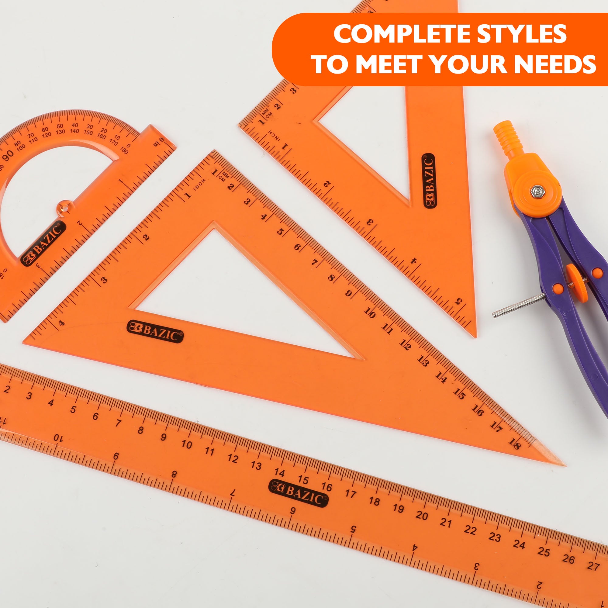 4-Piece Geometry Ruler Combination Sets w/ Center Wheel Compass