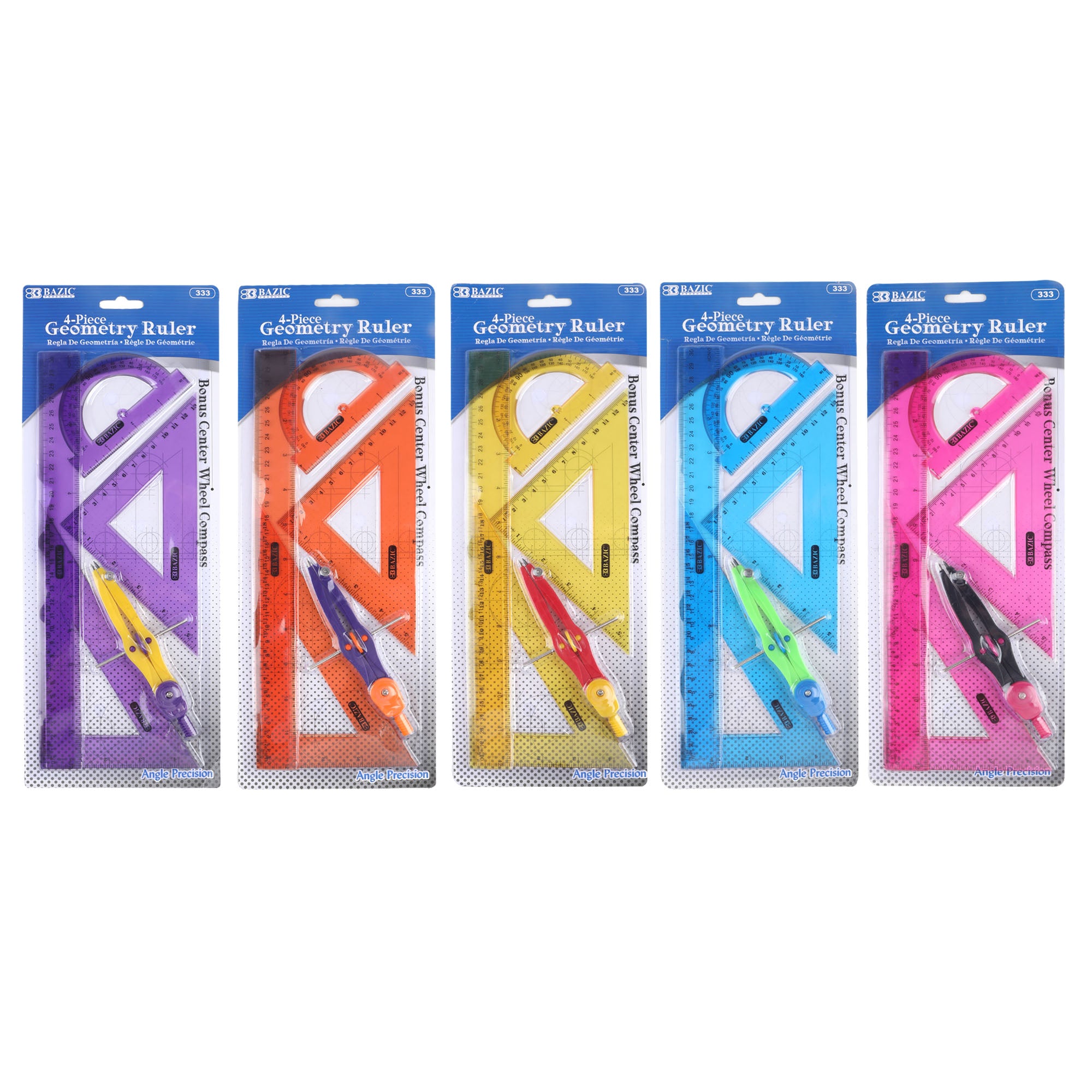 4-Piece Geometry Ruler Combination Sets w/ Center Wheel Compass
