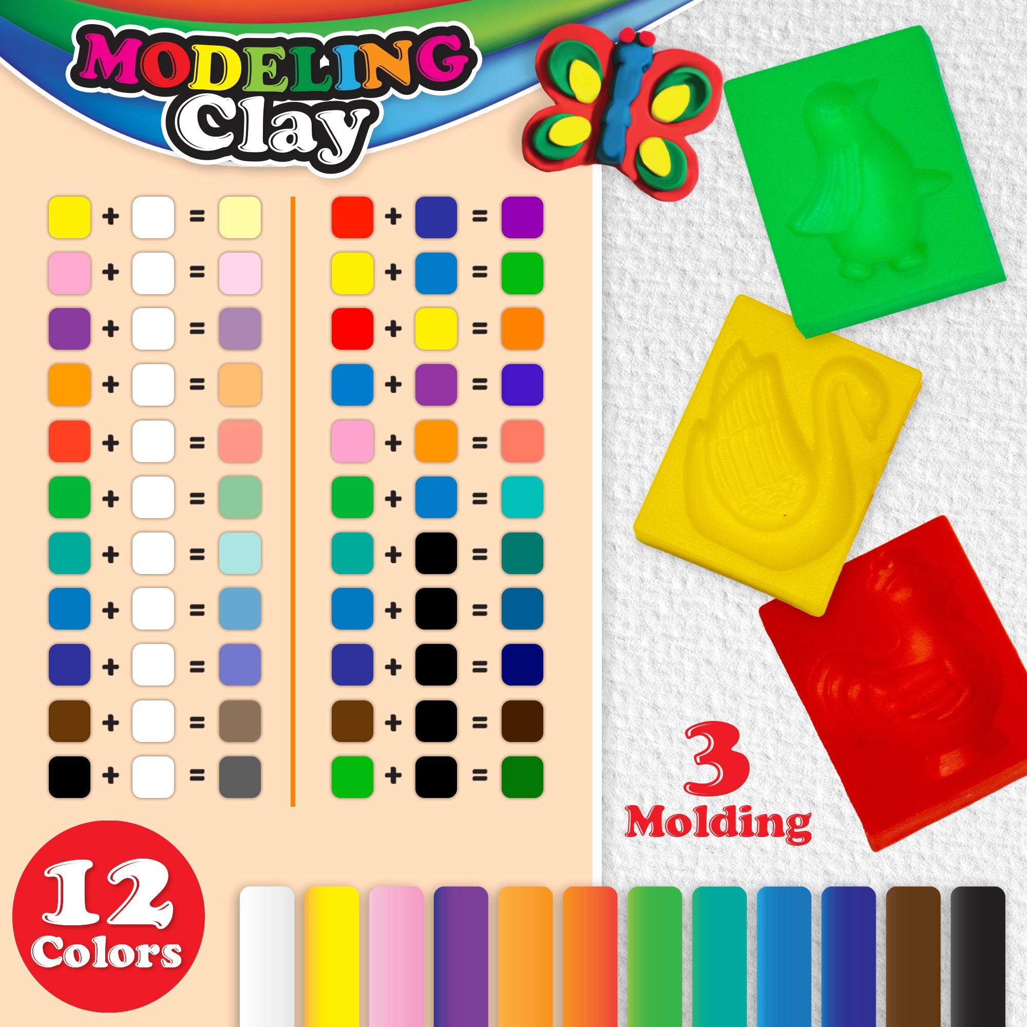 5.64 oz (160g) 12 Color Modeling Clay Sticks + 3 molding