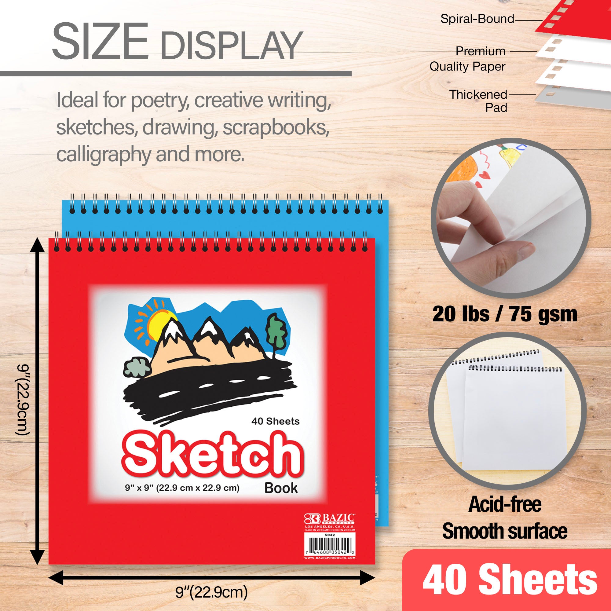 40 Ct. 9" X 9" Top Bound Spiral Sketch Pad