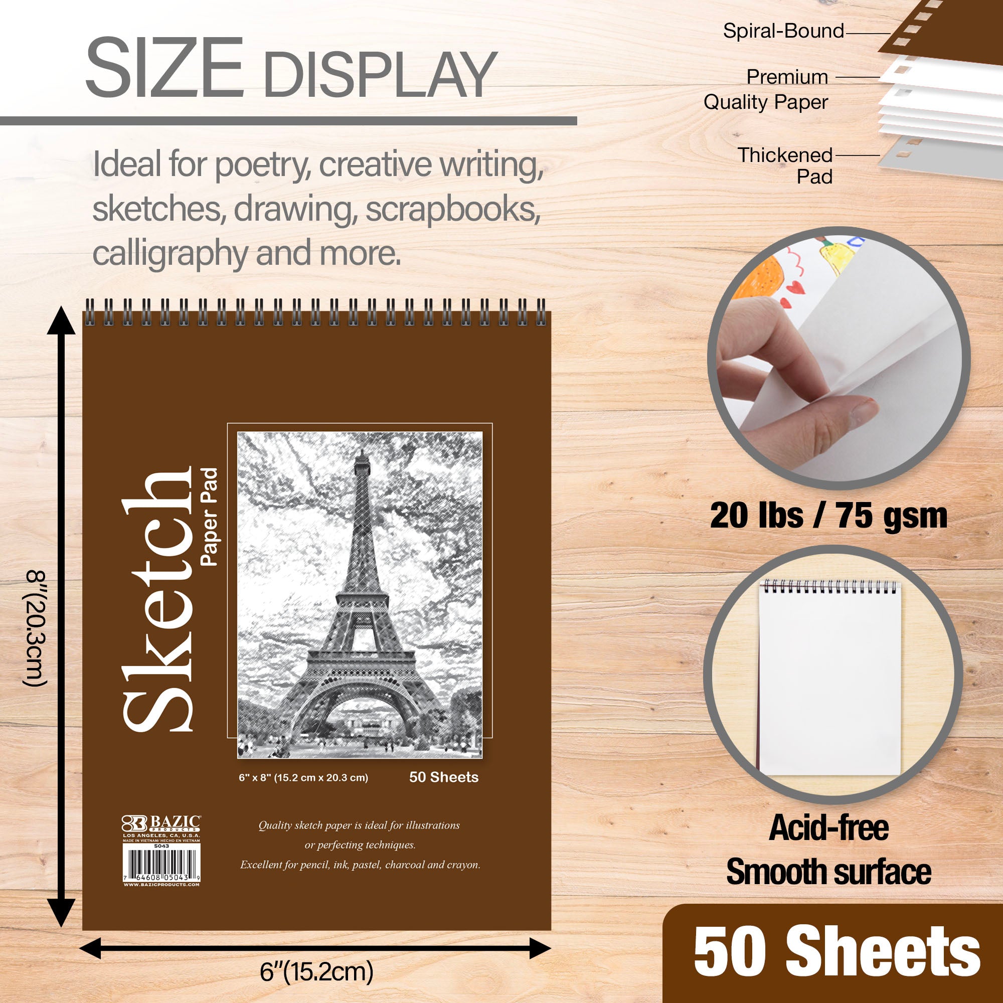 50 Ct. 6" X 8" Top Bound Spiral Sketch Pad