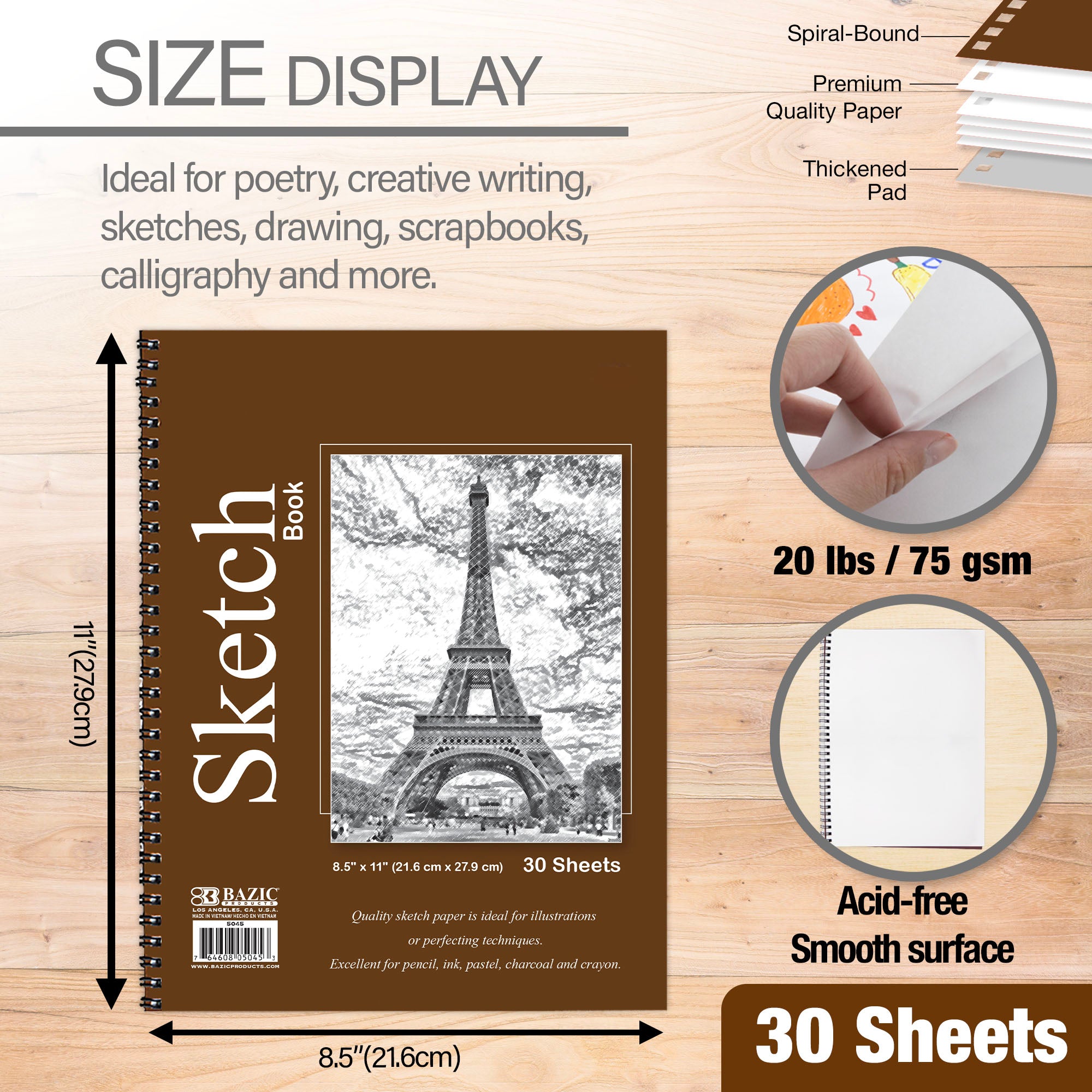 30 Ct. 8.5" X 11" Side Bound Spiral Sketch Book