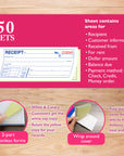 50 Sets 7 1/2" x 2 3/4" 2-Part Carbonless Cash or Rent Receipt Book