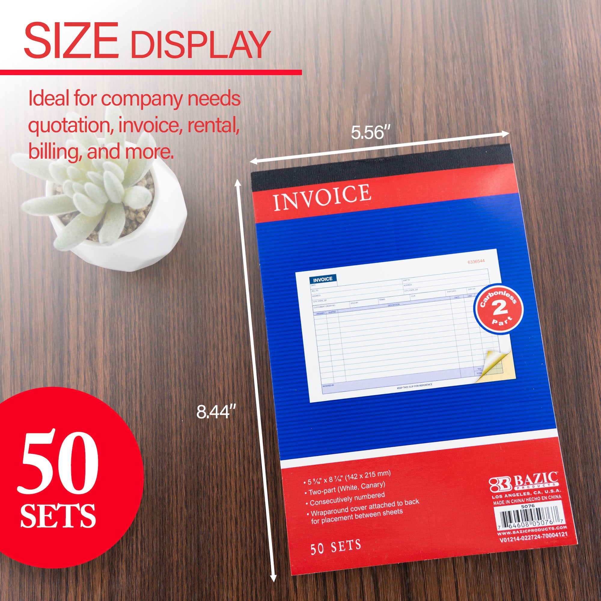 50 Sets 5 9/16" x 8 7/16" 2-Part Carbonless Invoice Book