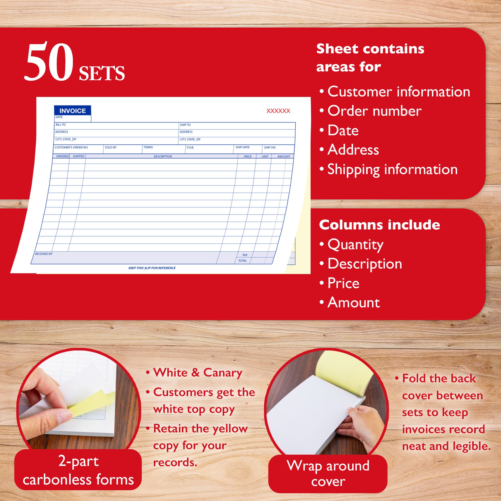 50 Sets 5 9/16" x 8 7/16" 2-Part Carbonless Invoice Book