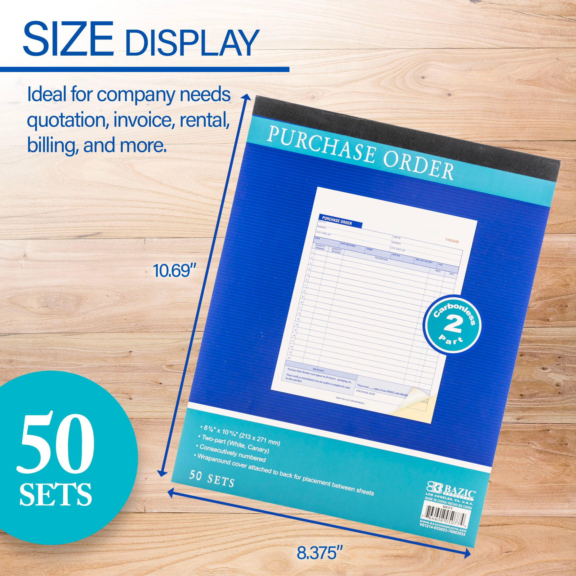 50 Sets 8 3/8" x 10 11/16" 2-Part Carbonless Purchase Order Book