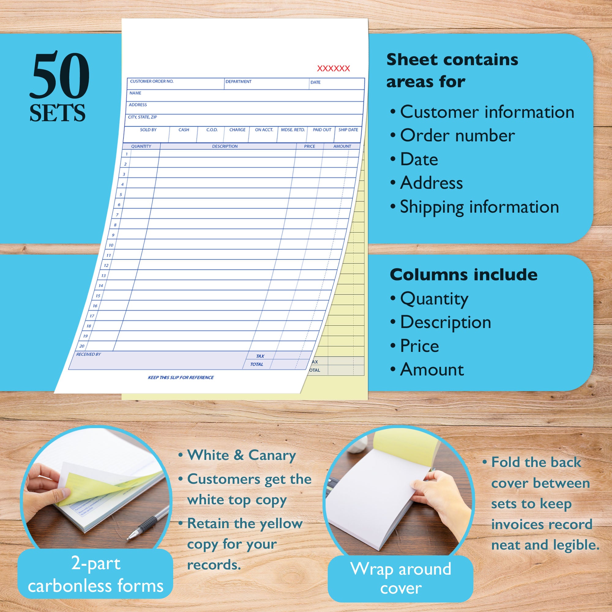 50 Sets 8 3/8" x 10 11/16" 2-Part Carbonless Purchase Order Book