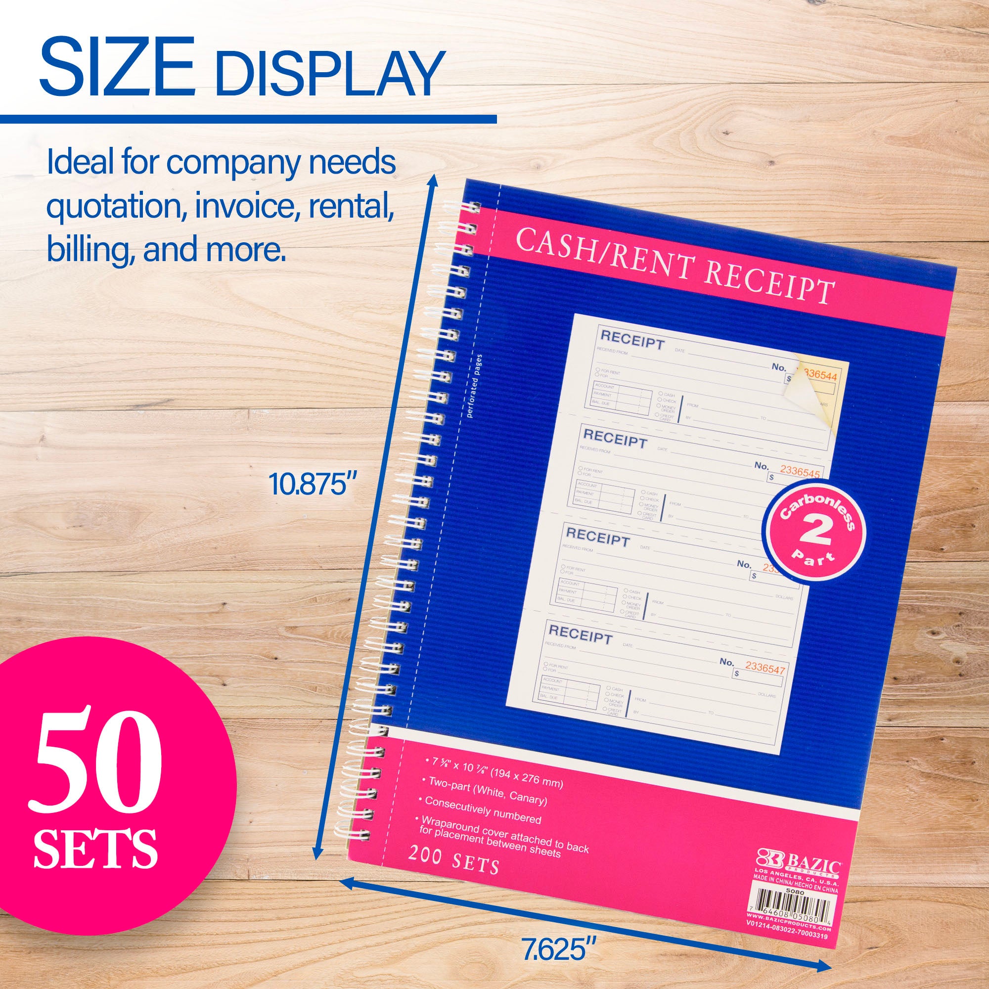 200 Sets 7 5/8" x 10 7/8" 2-Part Carbonless Spiral Bound Cash or Rent Receipt Book