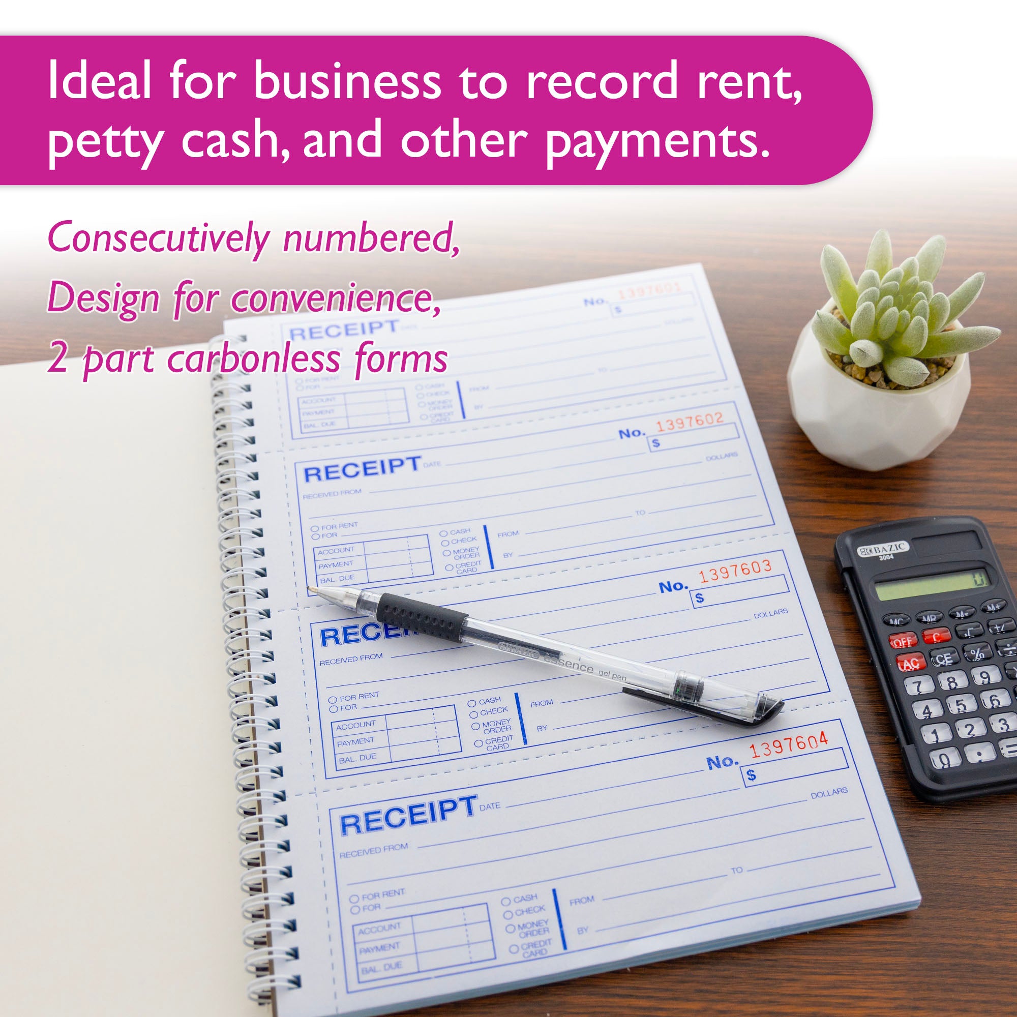 200 Sets 7 5/8" x 10 7/8" 2-Part Carbonless Spiral Bound Cash or Rent Receipt Book