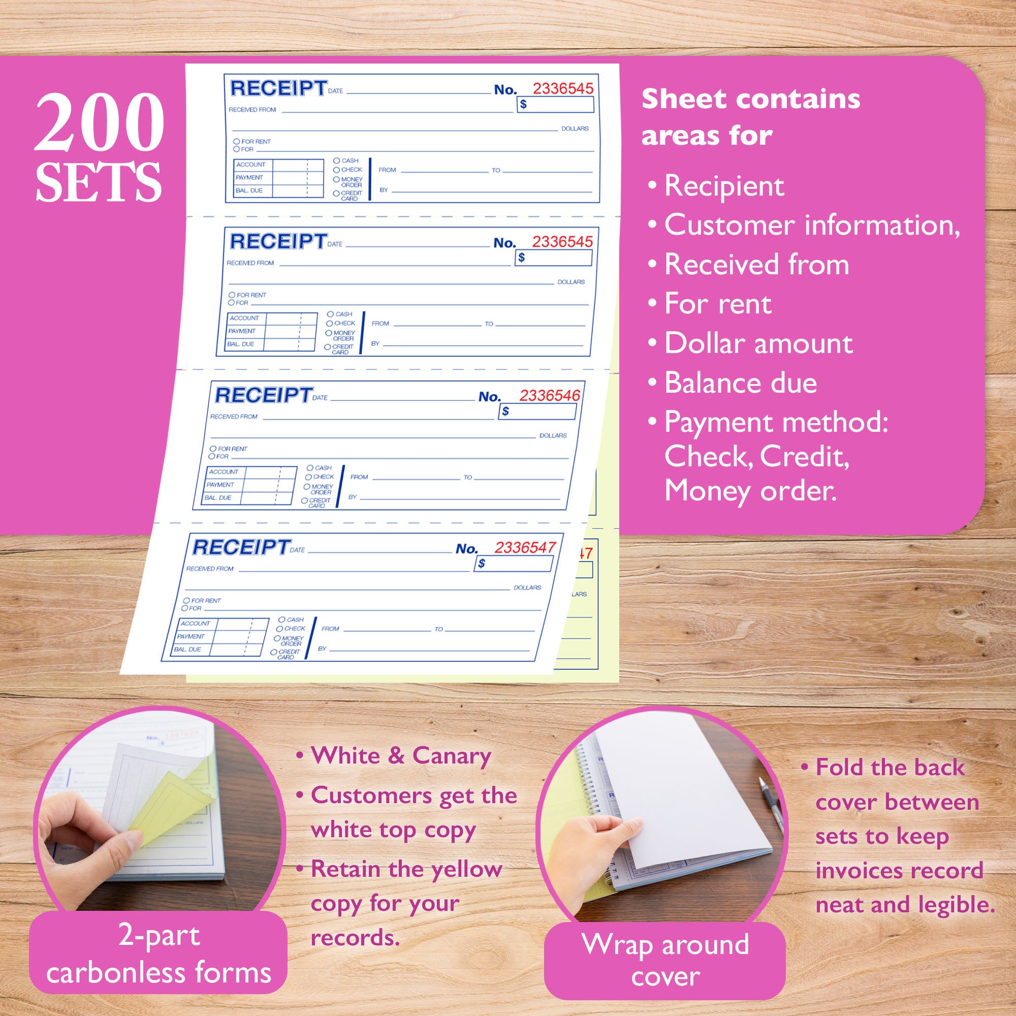 200 Sets 7 5/8" x 10 7/8" 2-Part Carbonless Spiral Bound Cash or Rent Receipt Book
