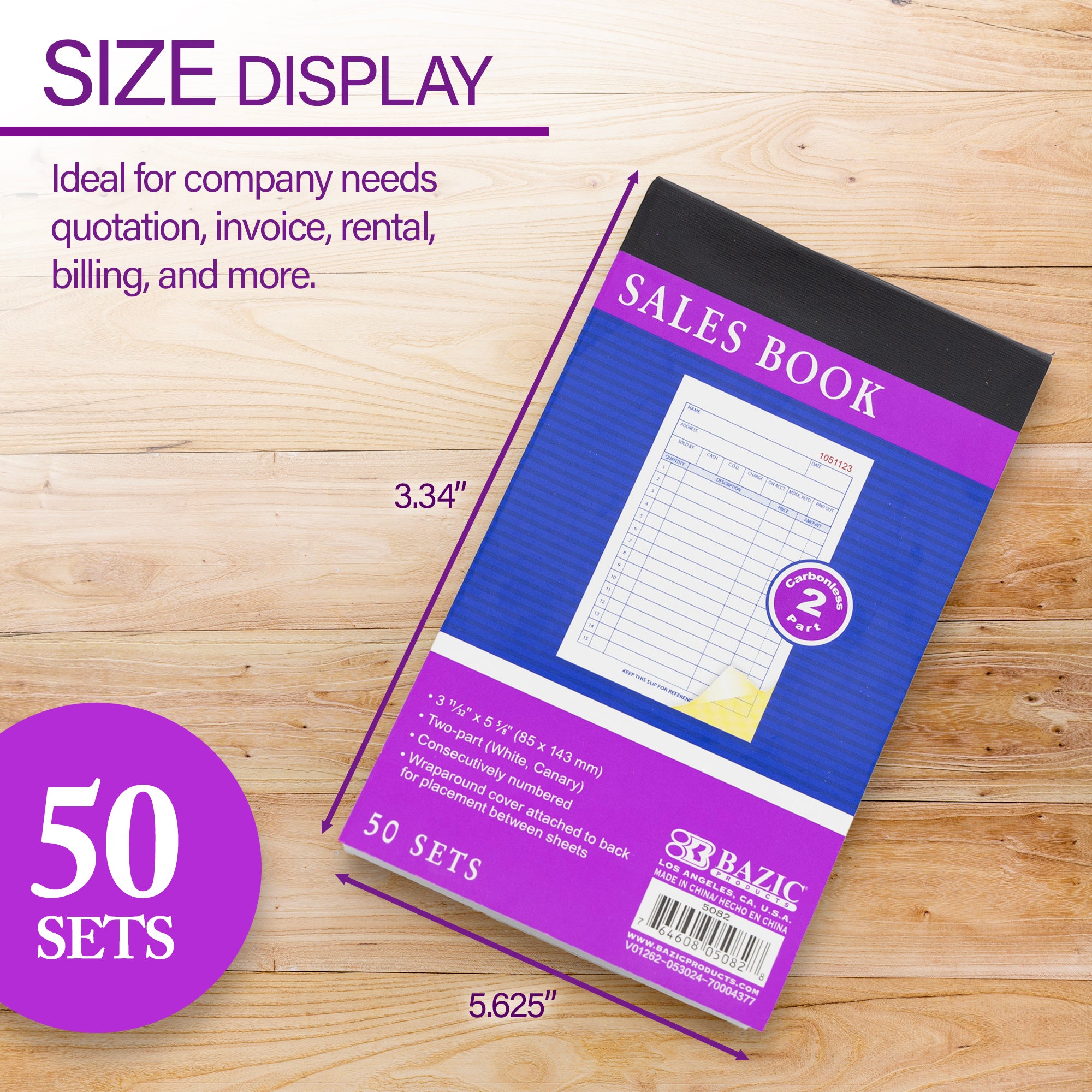 50 Sets 3 11/32" x 5 5/8" 2-Part Carbonless General Purpose Sales Book