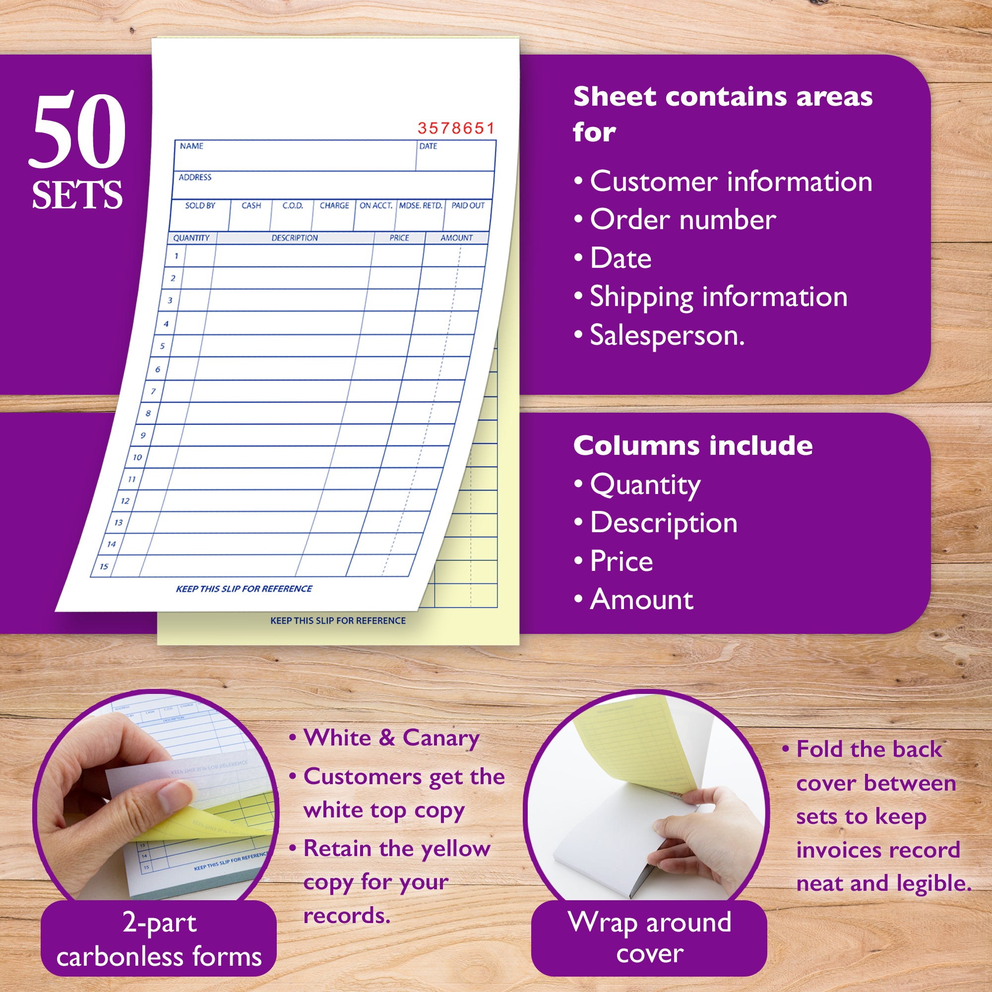 50 Sets 3 11/32" x 5 5/8" 2-Part Carbonless General Purpose Sales Book