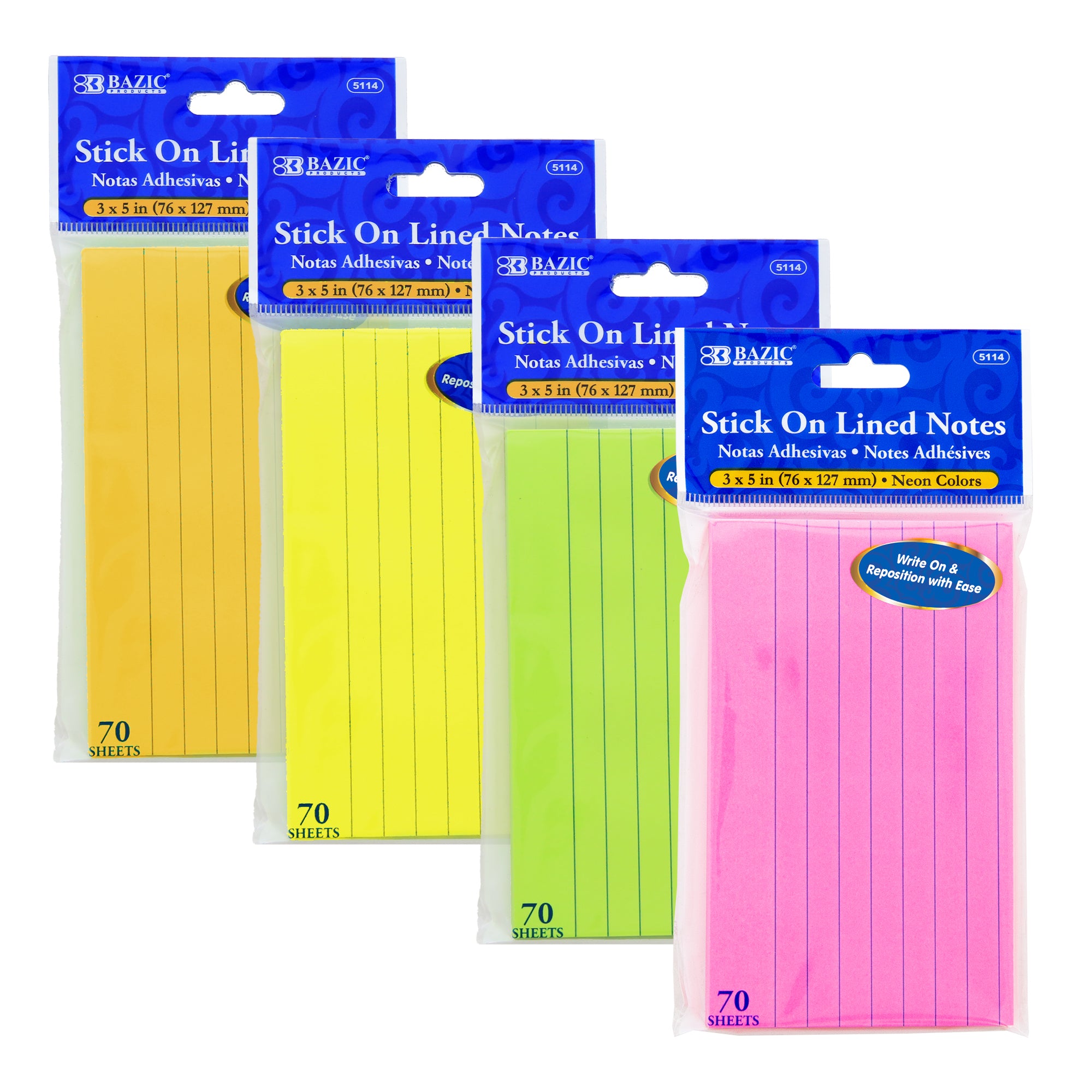 70 Ct. 3" X 5" Neon Lined Sticky Notes