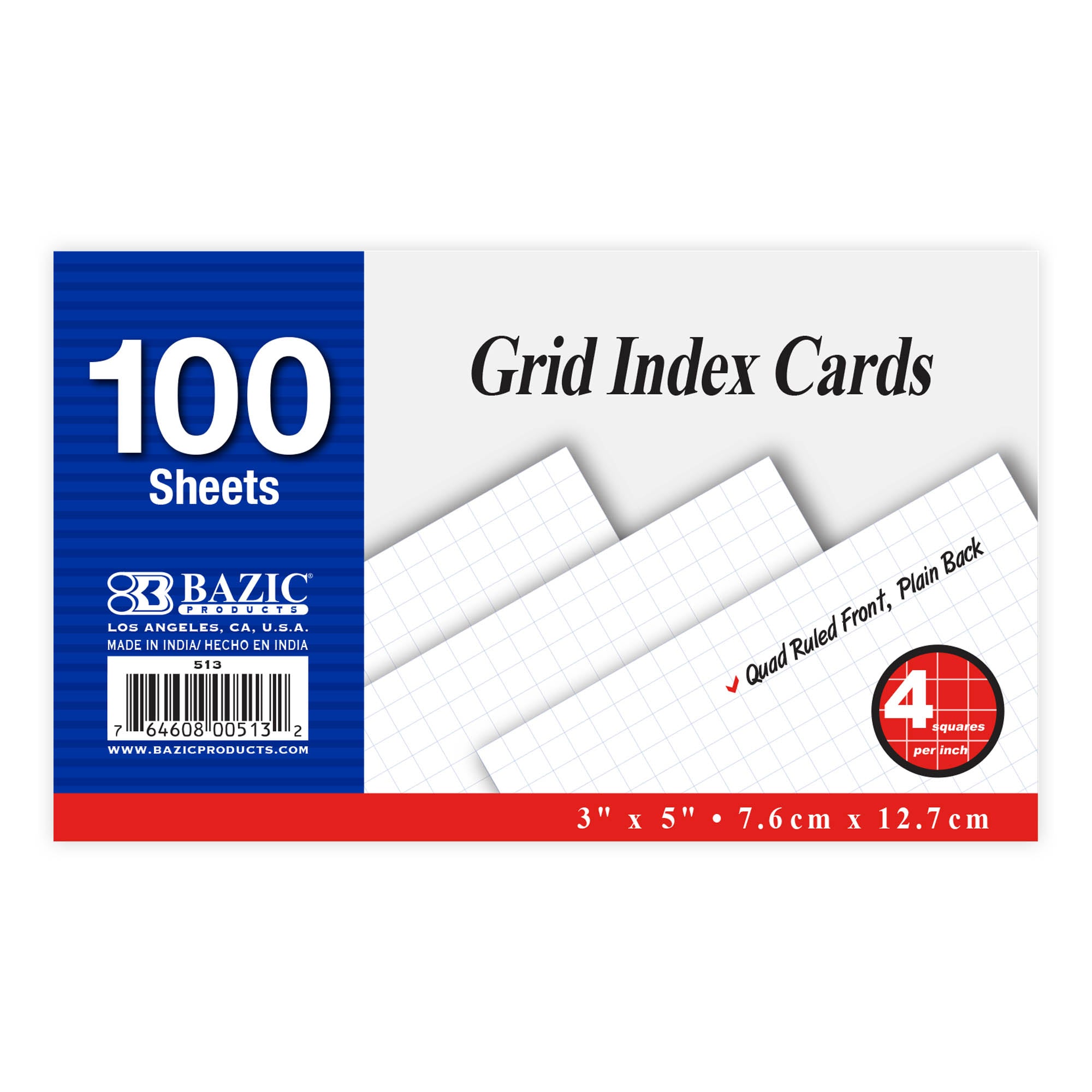 100 Ct. 3" X 5" Quad Ruled 4-1" White Index Card