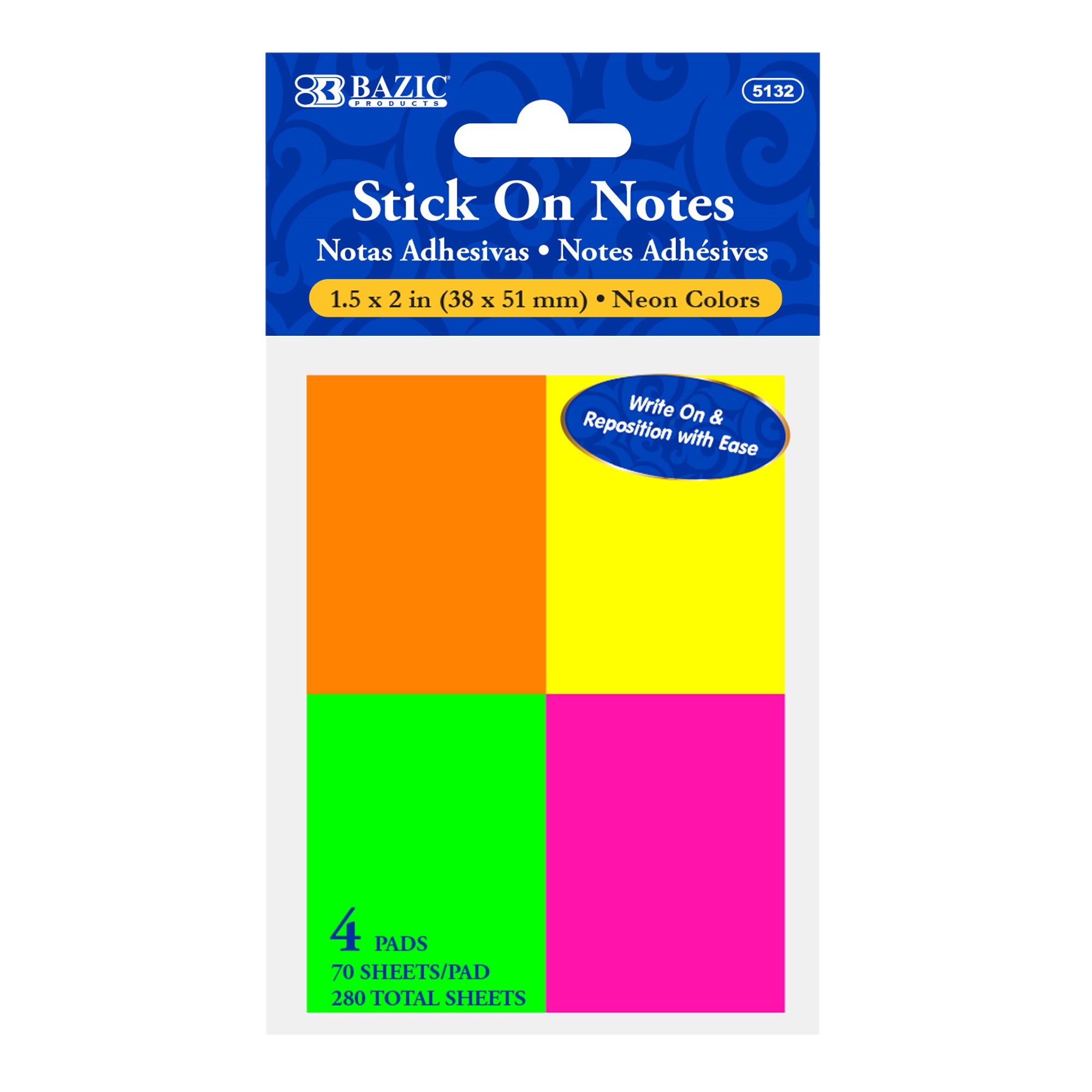 70 Ct. 1.5" X 2" Neon Sticky Notes (4/Pack)