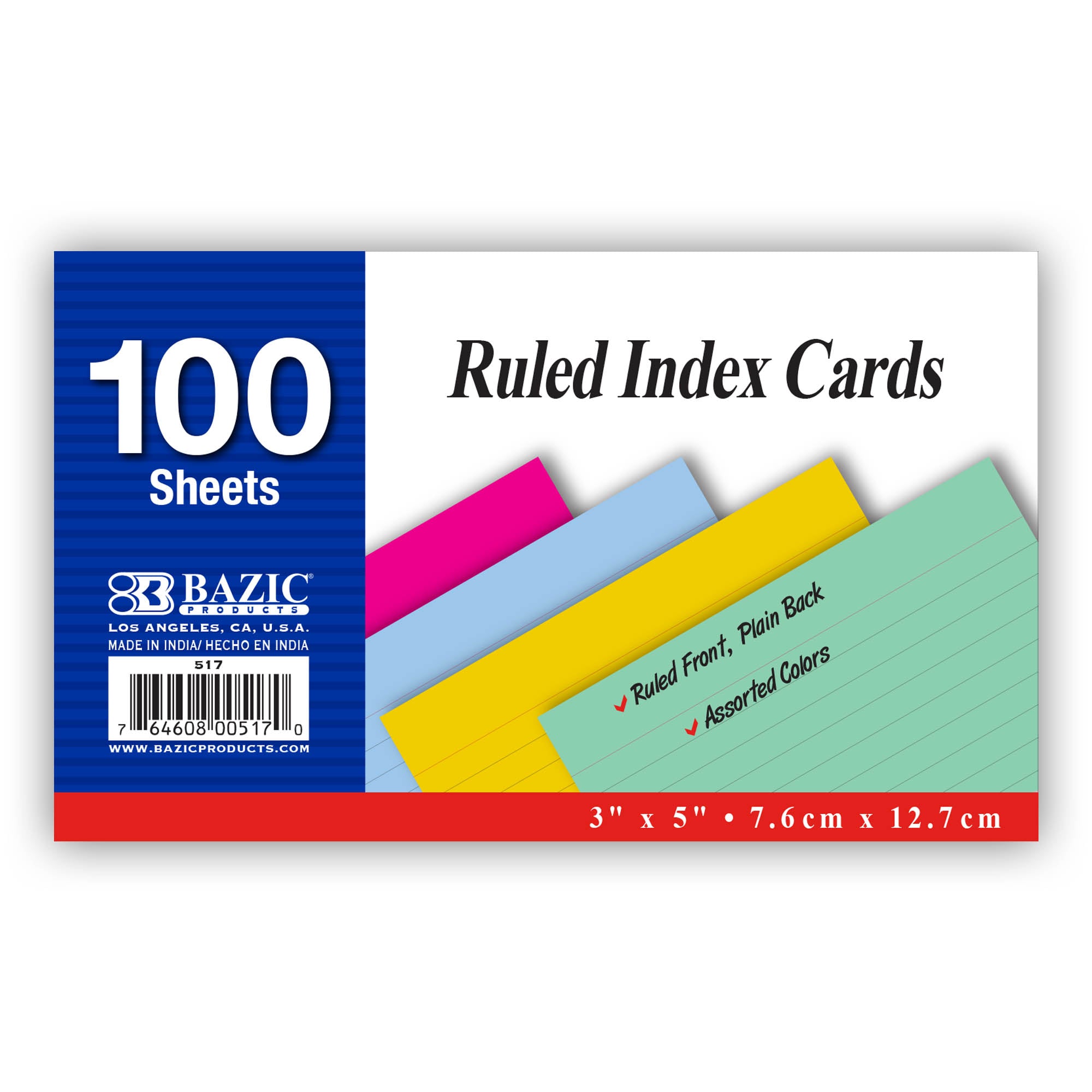 100 Ct. 3" X 5" Ruled Colored Index Card