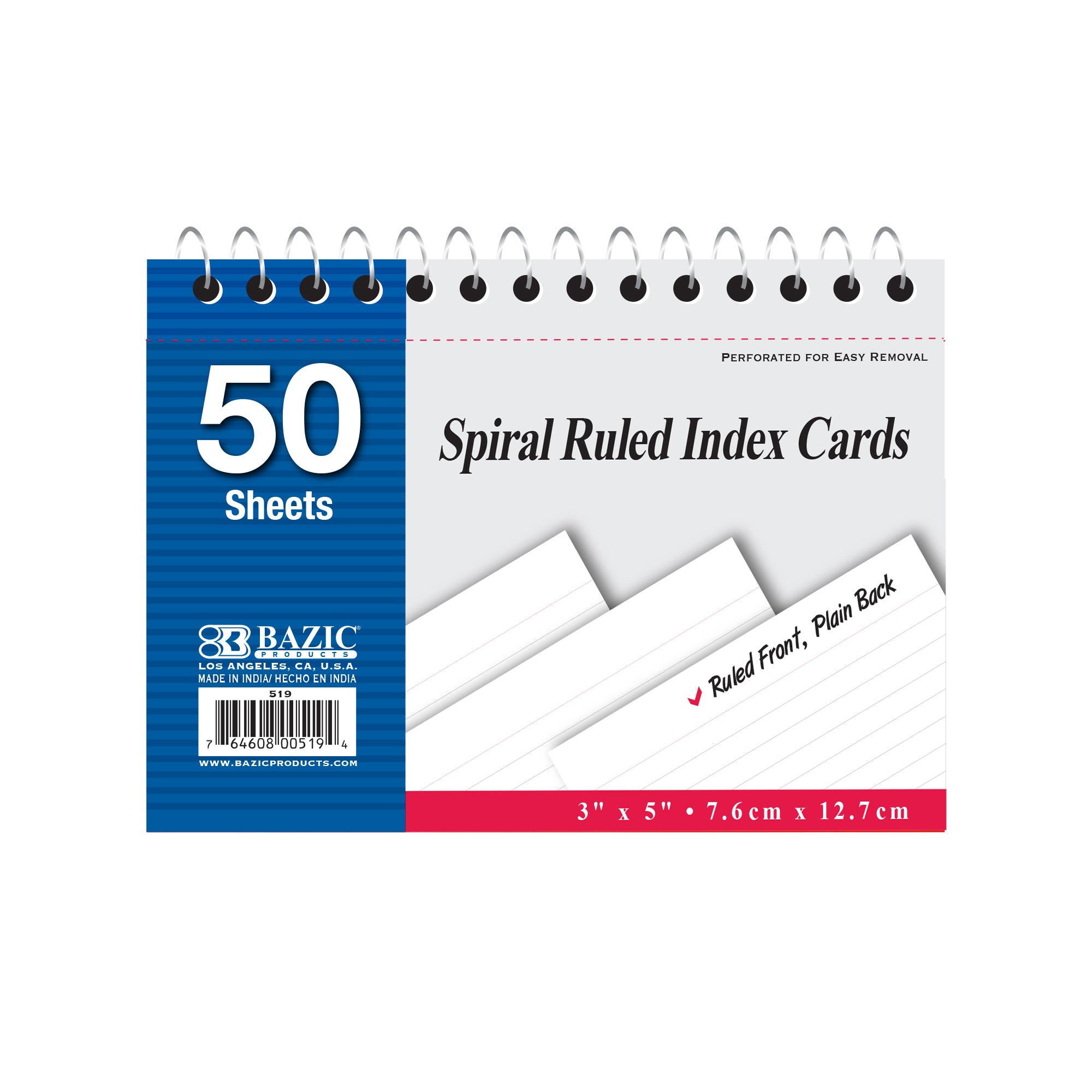50 Ct. Spiral Bound 3" X 5" Ruled White Index Card