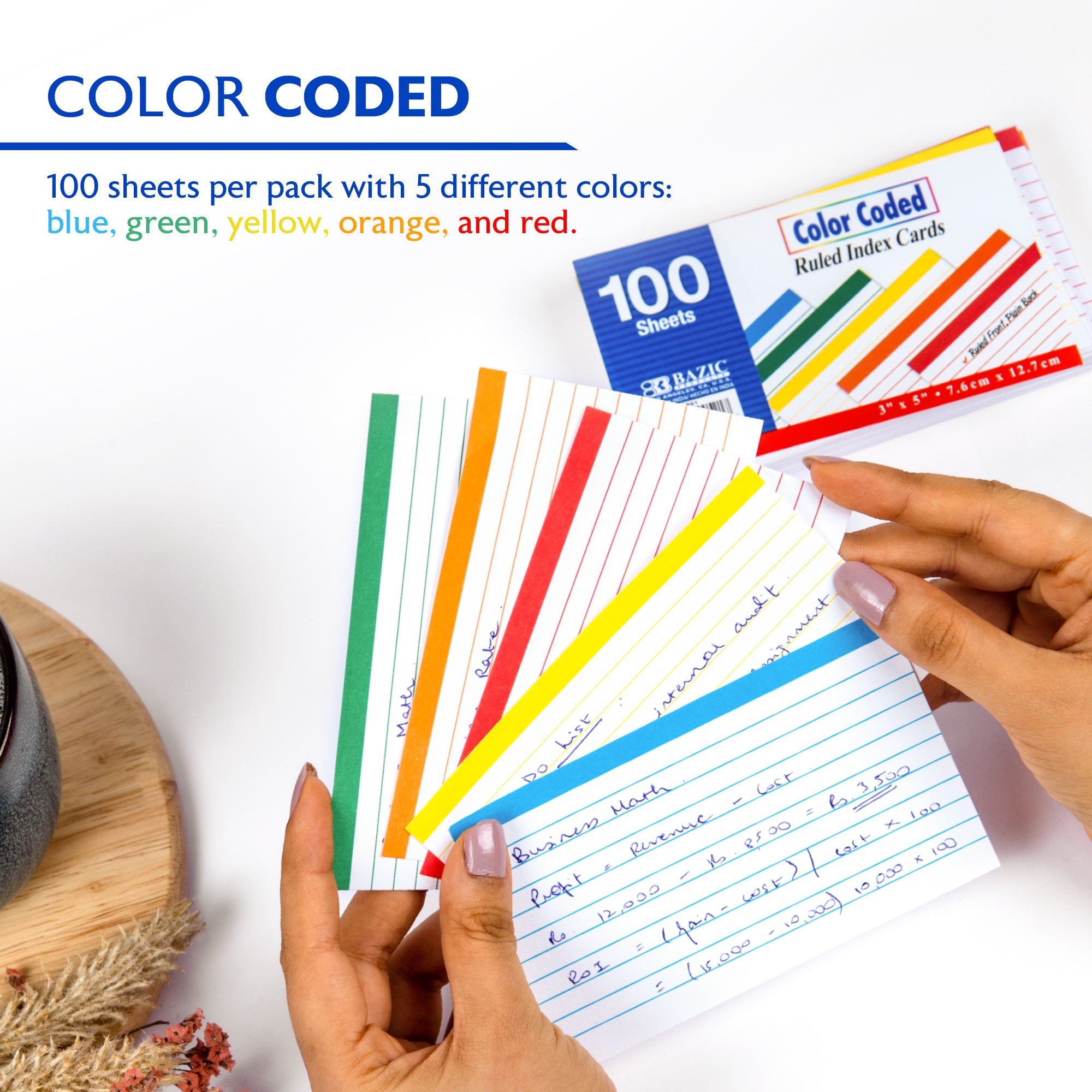 100 Ct. 3" X 5" Ruled Color Coded Index Card