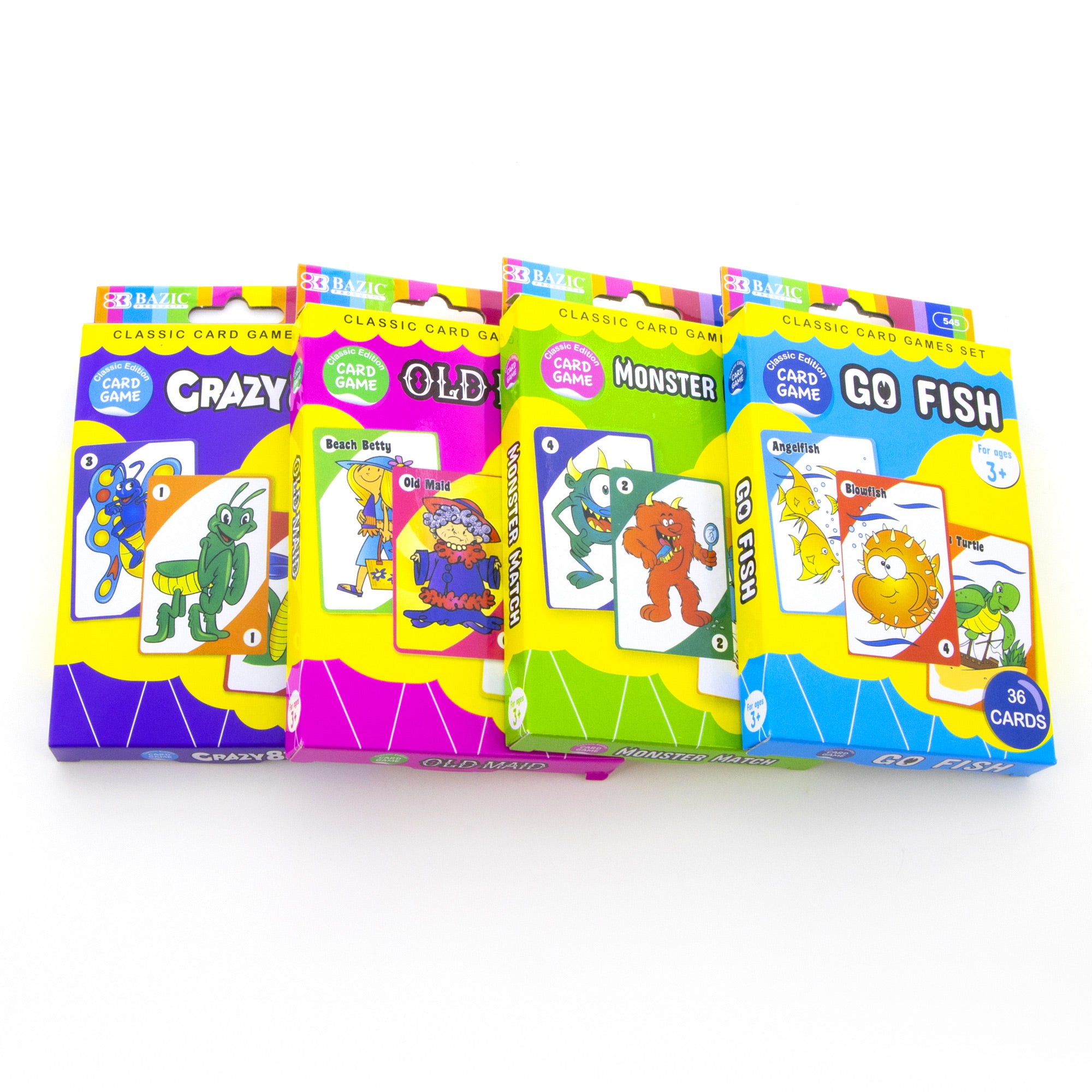 BAZIC Classic Card Games Set 4 Pack Go Fish Crazy 8s Old Maid Monster Match Fun Educational Flash Cards Large Print Easy Read for Kids Ages 3 Plus