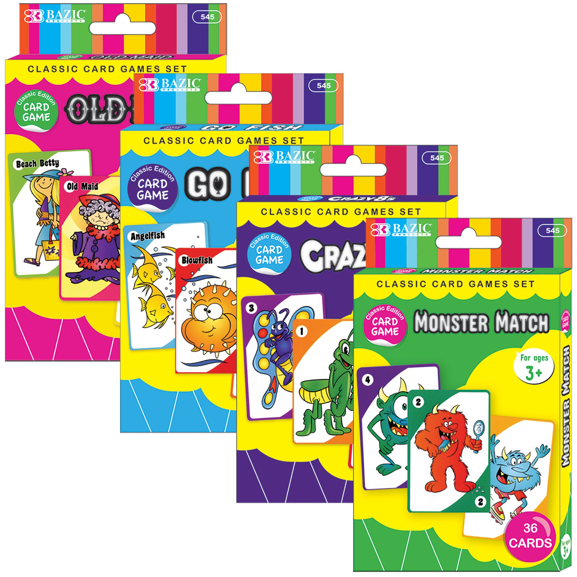 BAZIC Classic Card Games Set 4 Pack Go Fish Crazy 8s Old Maid Monster Match Fun Educational Flash Cards Large Print Easy Read for Kids Ages 3 Plus