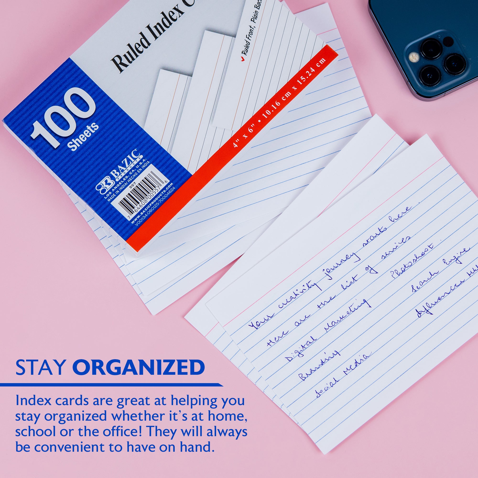 100 Ct. 4" X 6" Ruled White Index Card