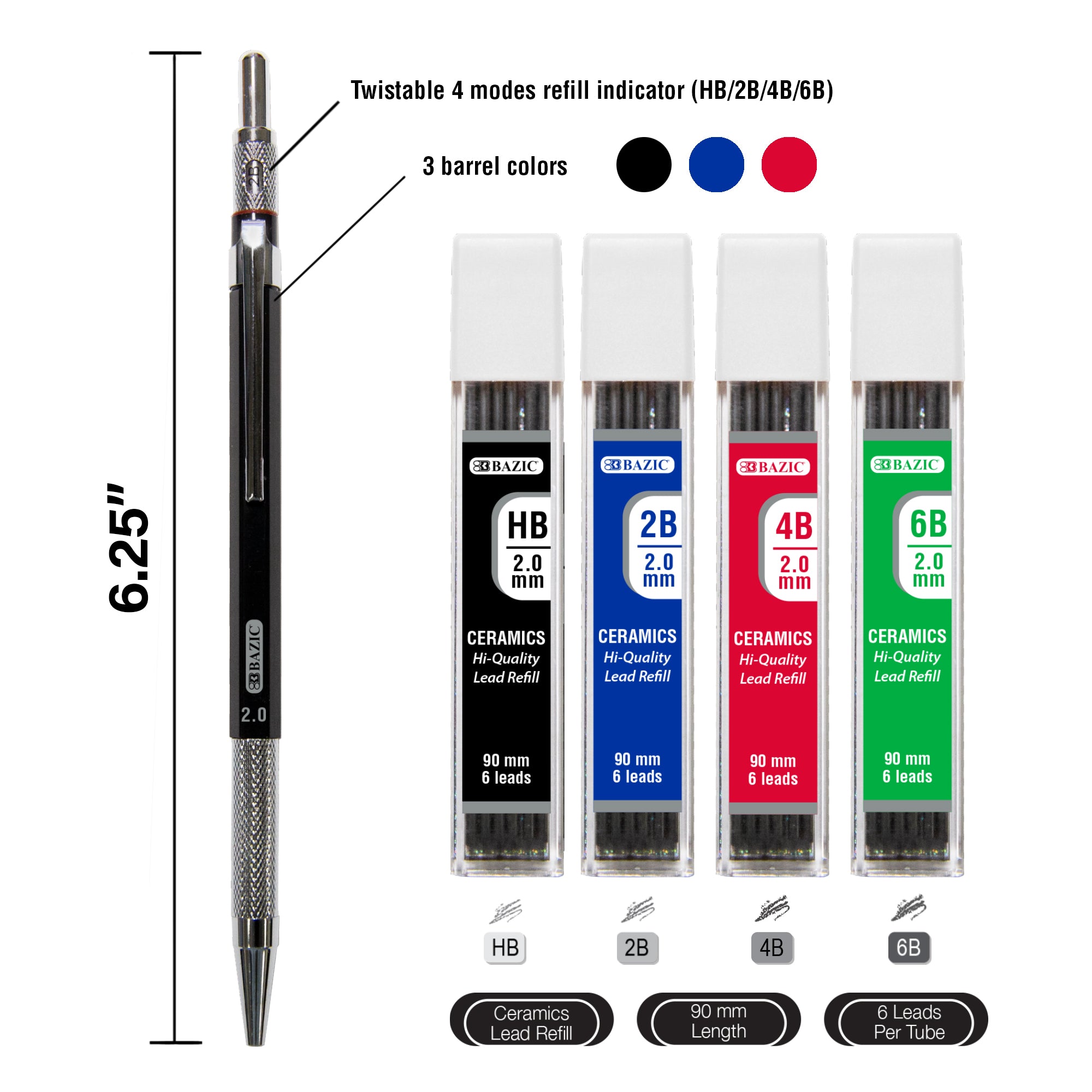 2.0 mm Drawing & Sketching Mechanical Pencil w/ Ceramic High-Quality HB 2B 4B 6B Lead