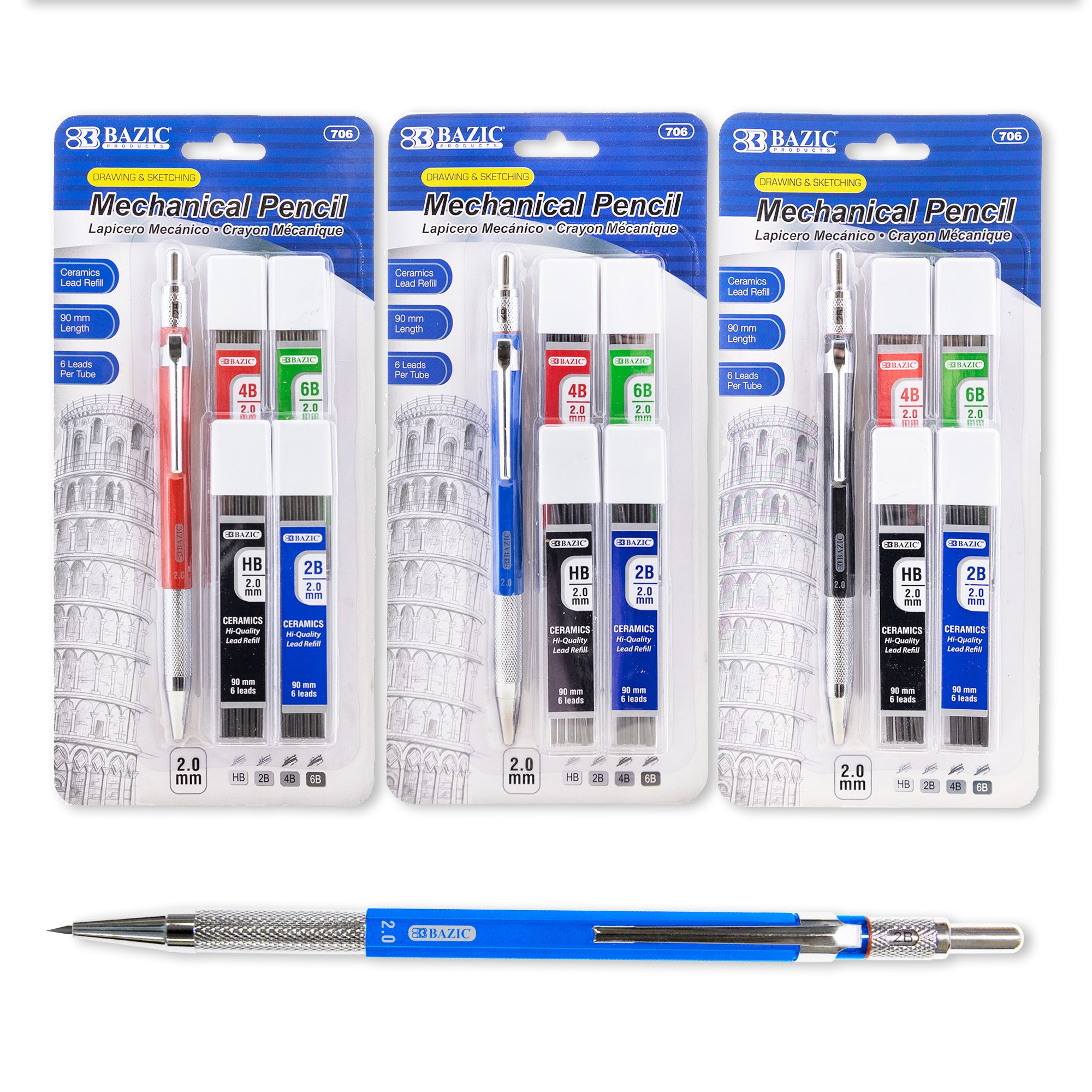2.0 mm Drawing & Sketching Mechanical Pencil w/ Ceramic High-Quality HB 2B 4B 6B Lead