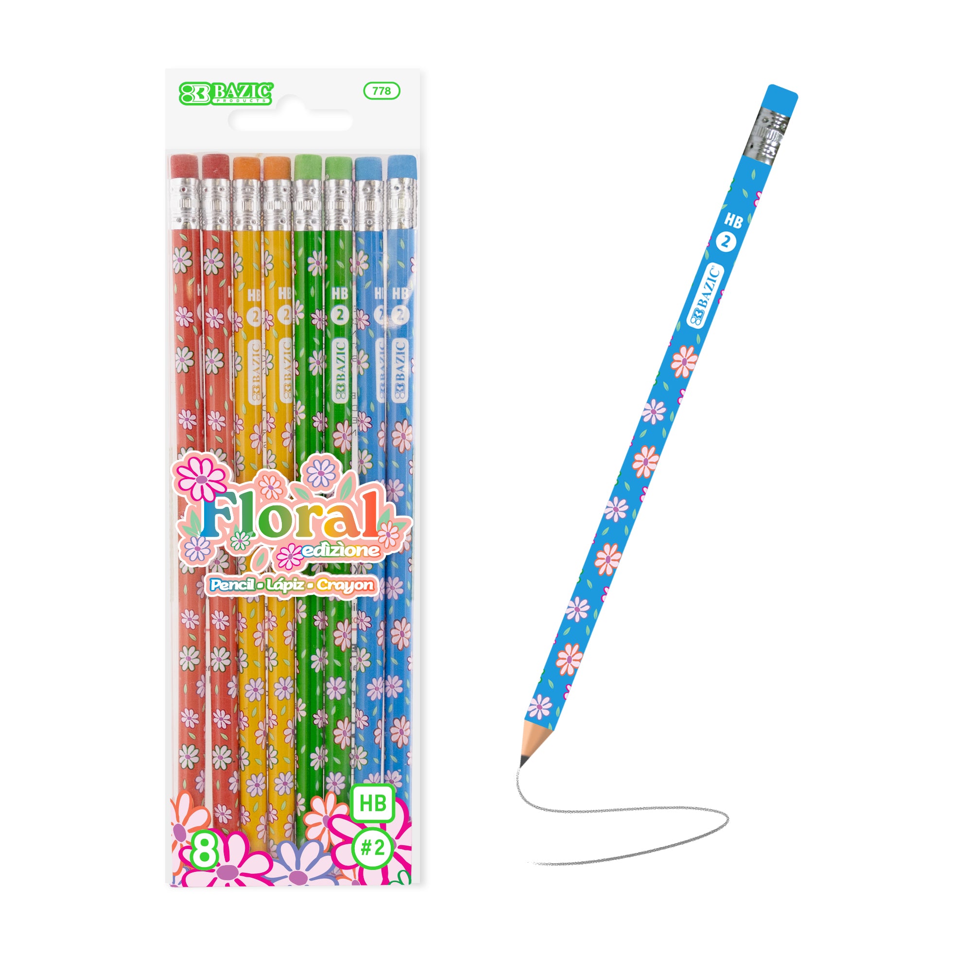 Floral #2 Pencils, Eraser, Assorted Designs – BAZIC Store
