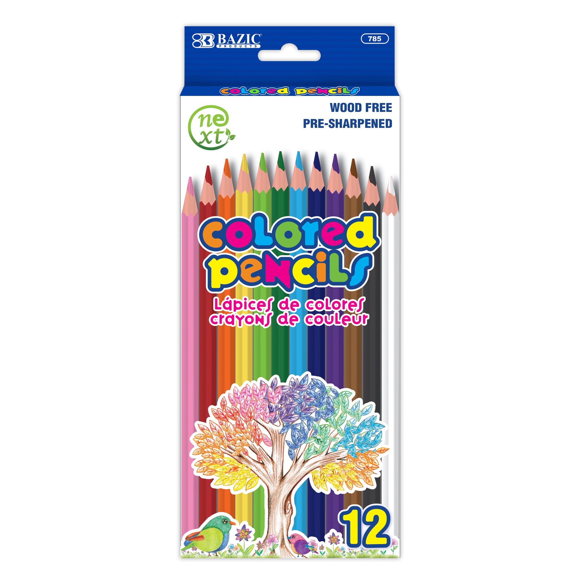 Next Colored Pencils, 12 Colors, Wood-Free, Pre-Sharpened – BAZIC