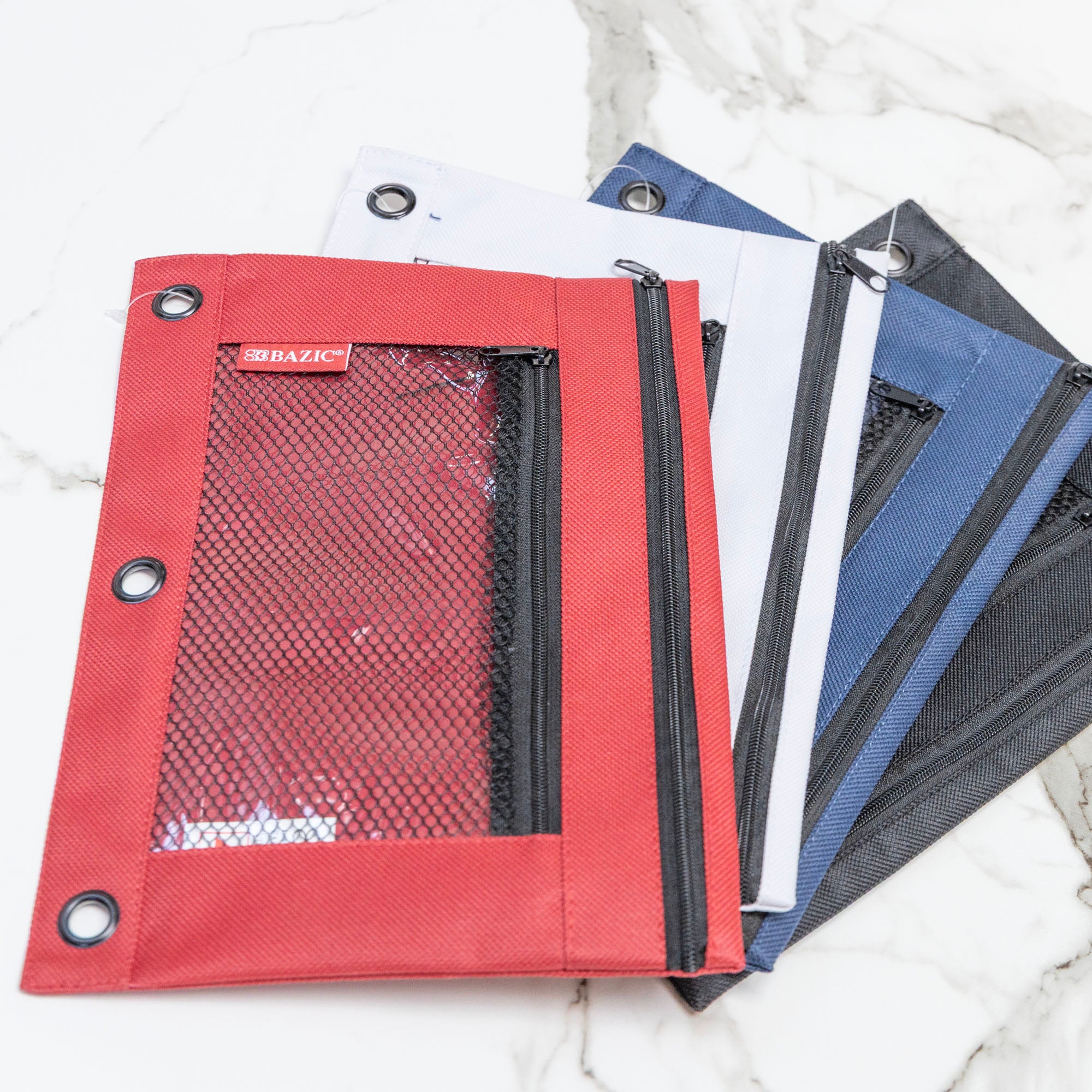 Double Zipper 3-Ring Pencil Pouch w/ Mesh Window