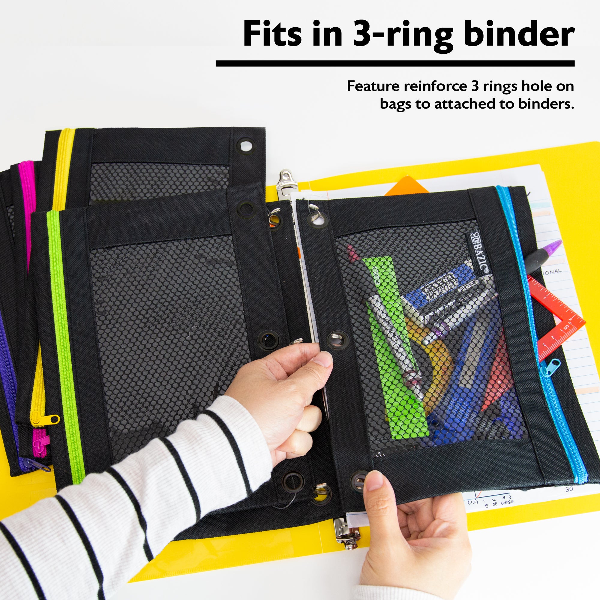 Noir Neon 3-Ring Pencil Pouch w/ Mesh Window