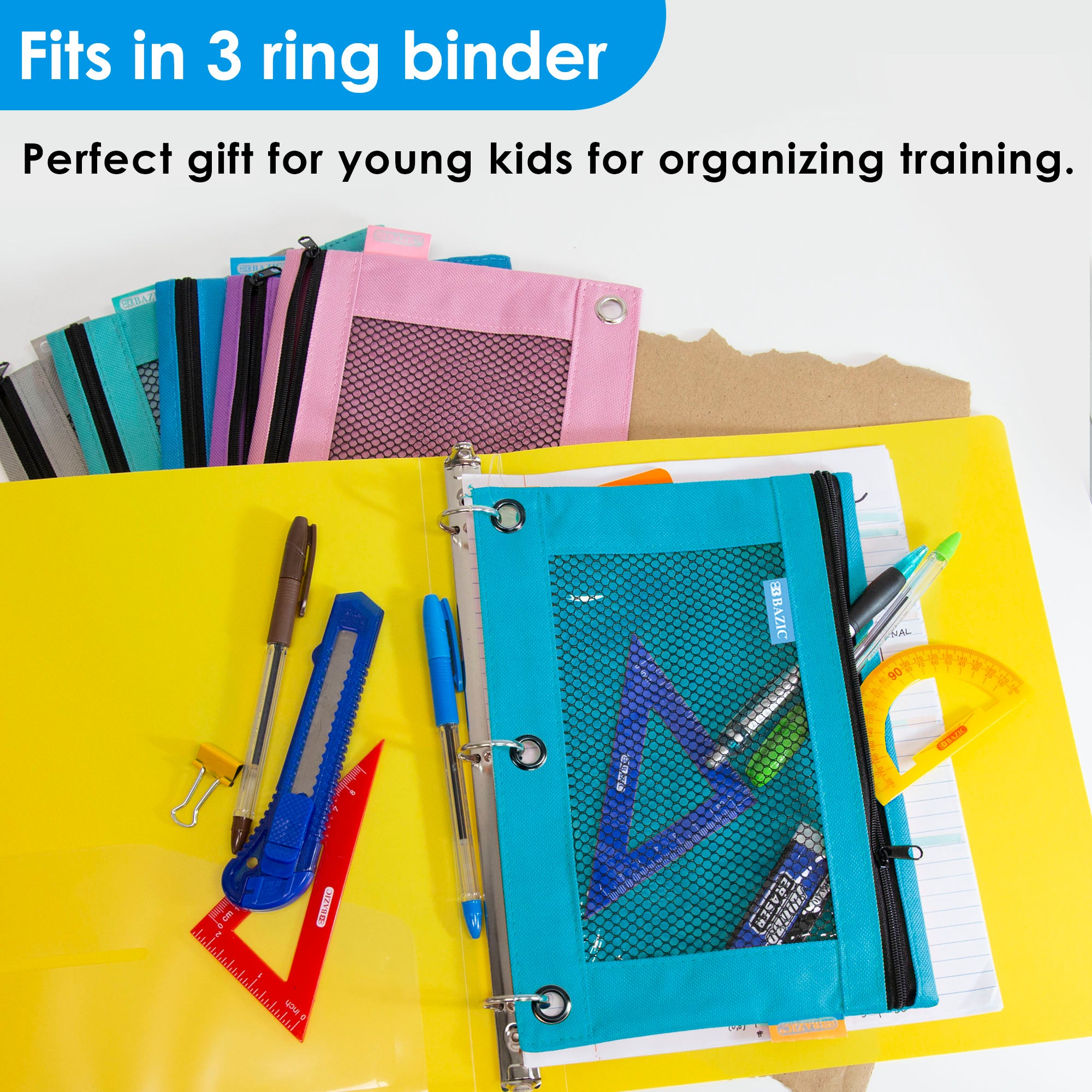 Retro Color 3-Ring Pencil Pouch w/ Mesh Window