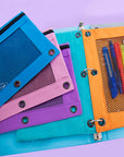 Retro Color 3-Ring Pencil Pouch w/ Mesh Window