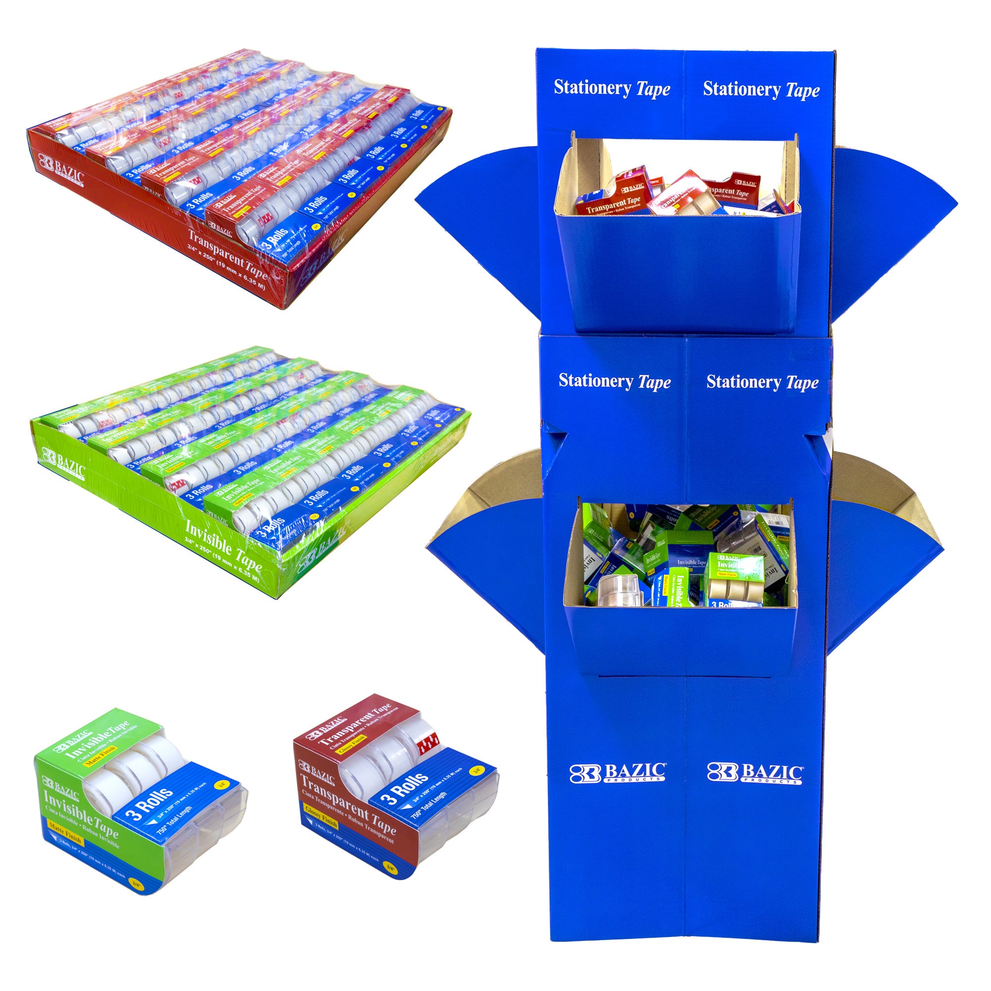 3/4" X 250" Invisible/Transparent Tape (3/Pack) w/ Floor Display