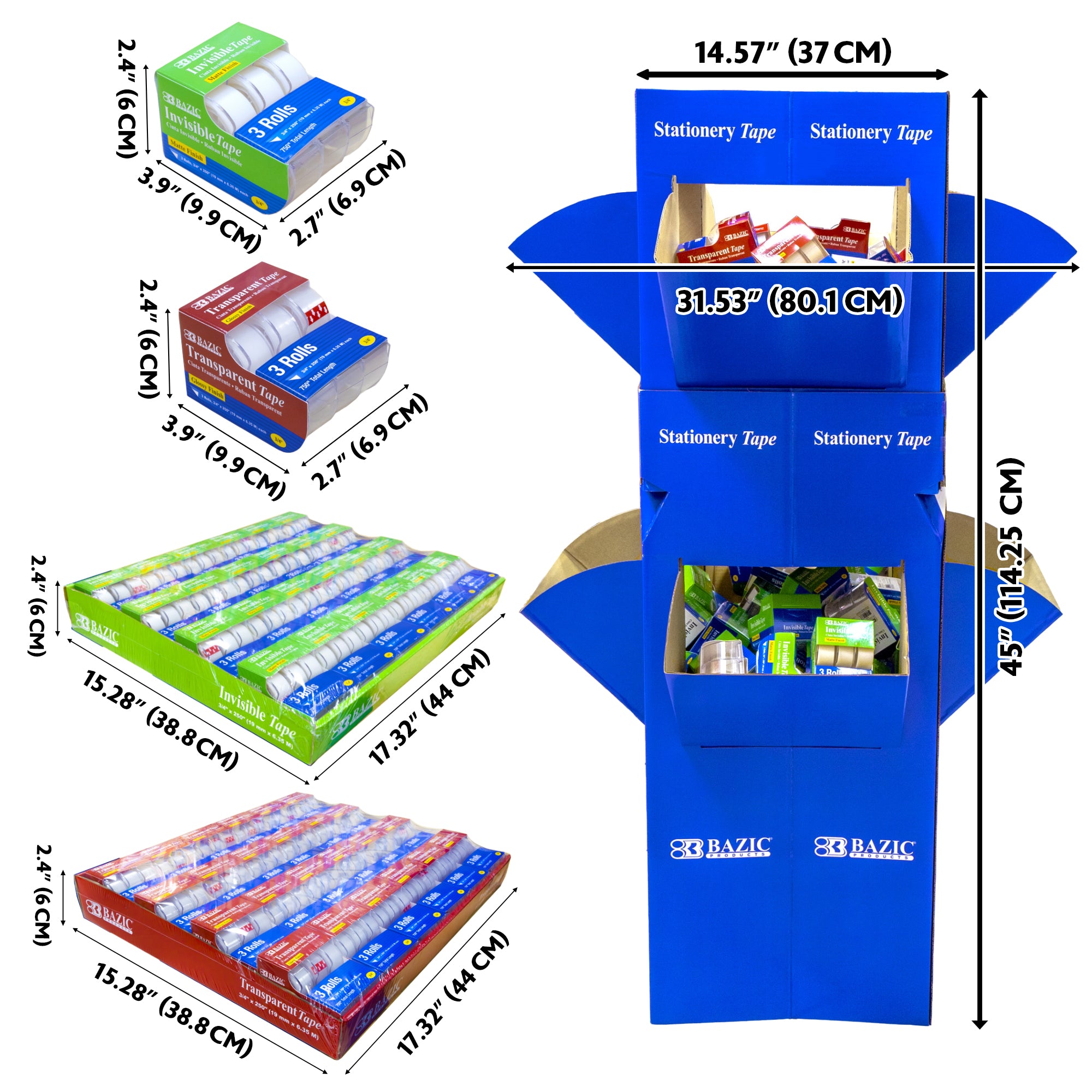 3/4" X 250" Invisible/Transparent Tape (3/Pack) w/ Floor Display