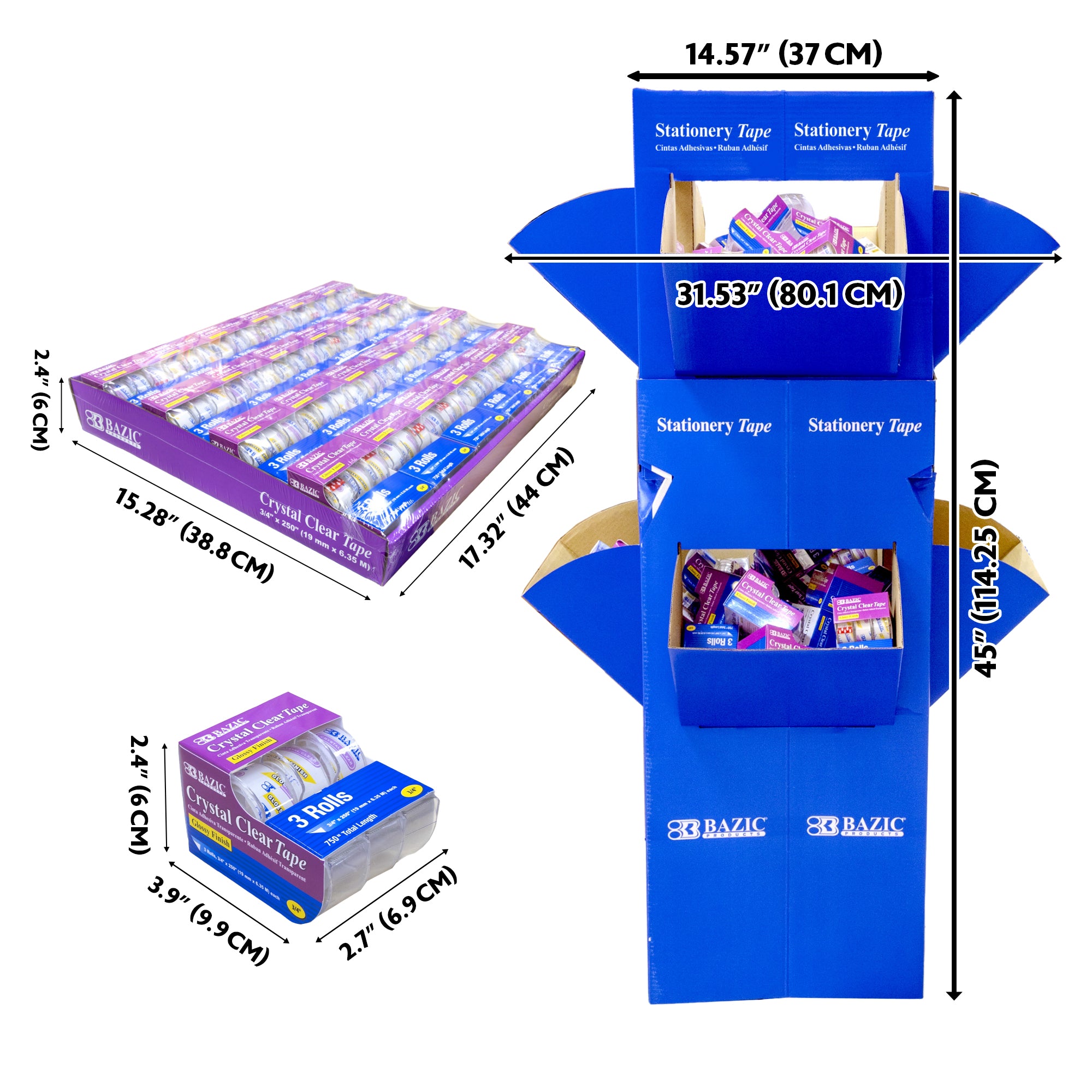 3/4" X 250" Crystal Clear Tape (3/Pack) w/ Floor Display