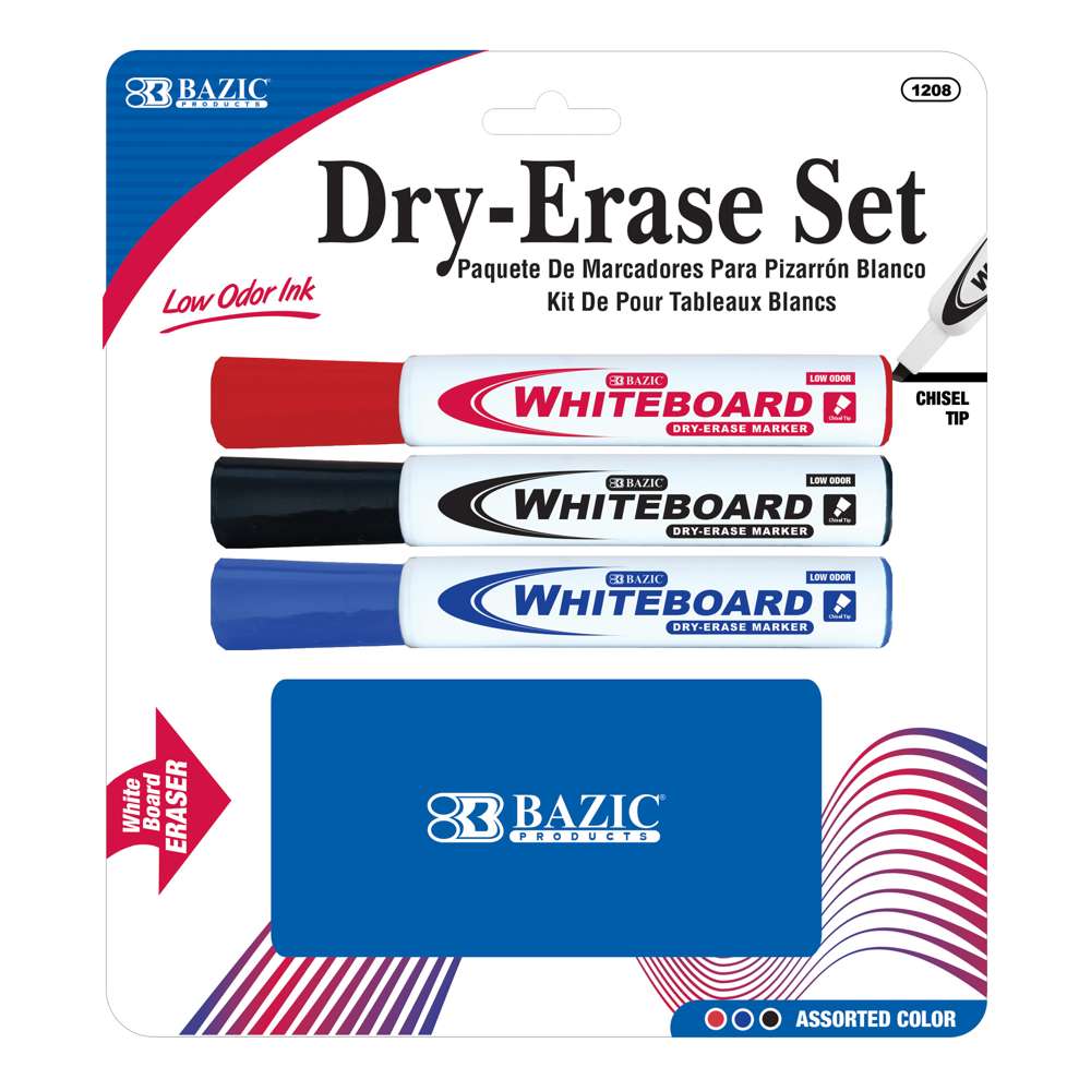 3 Assorted Colors Chisel Tip Dry-Erase Markers w/ Eraser