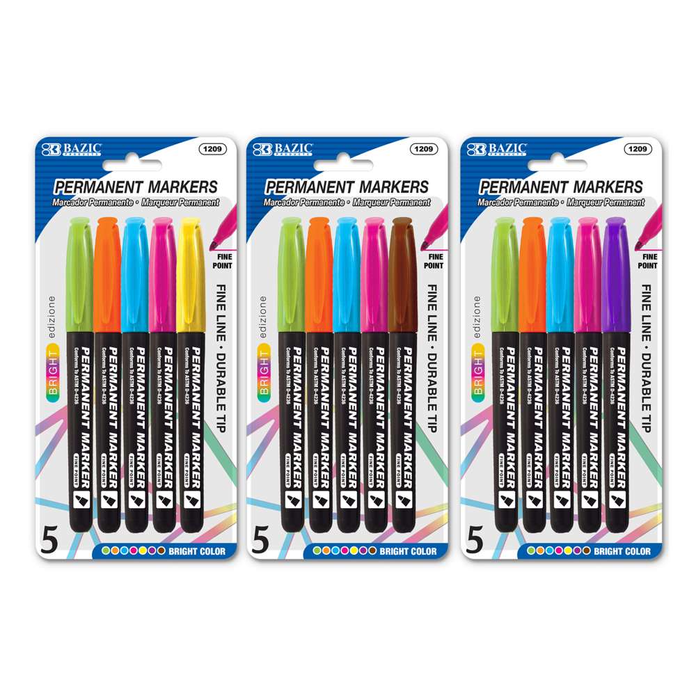 Bright Colors Fine Tip Permanent Markers w/ Pocket Clip (5/Pack)