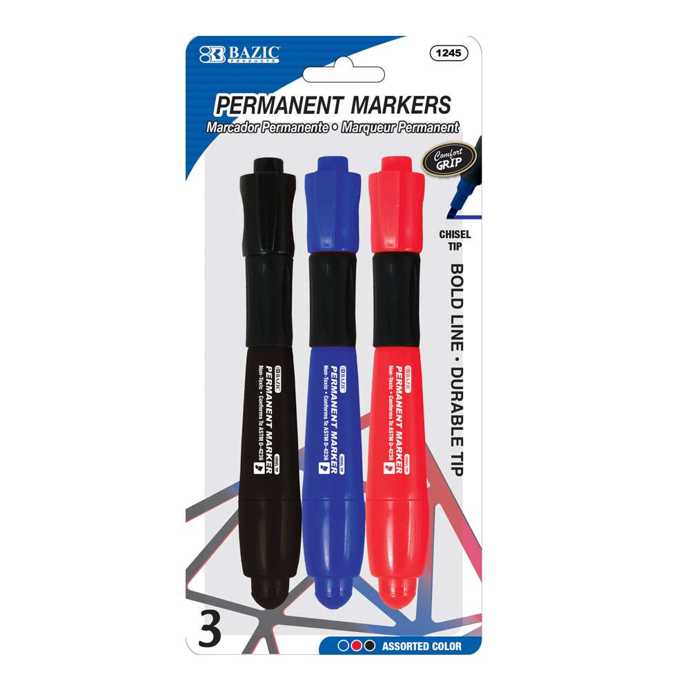 Assorted Colors Chisel Tip Jumbo Permanent Markers w/ Grip (3/Pack)