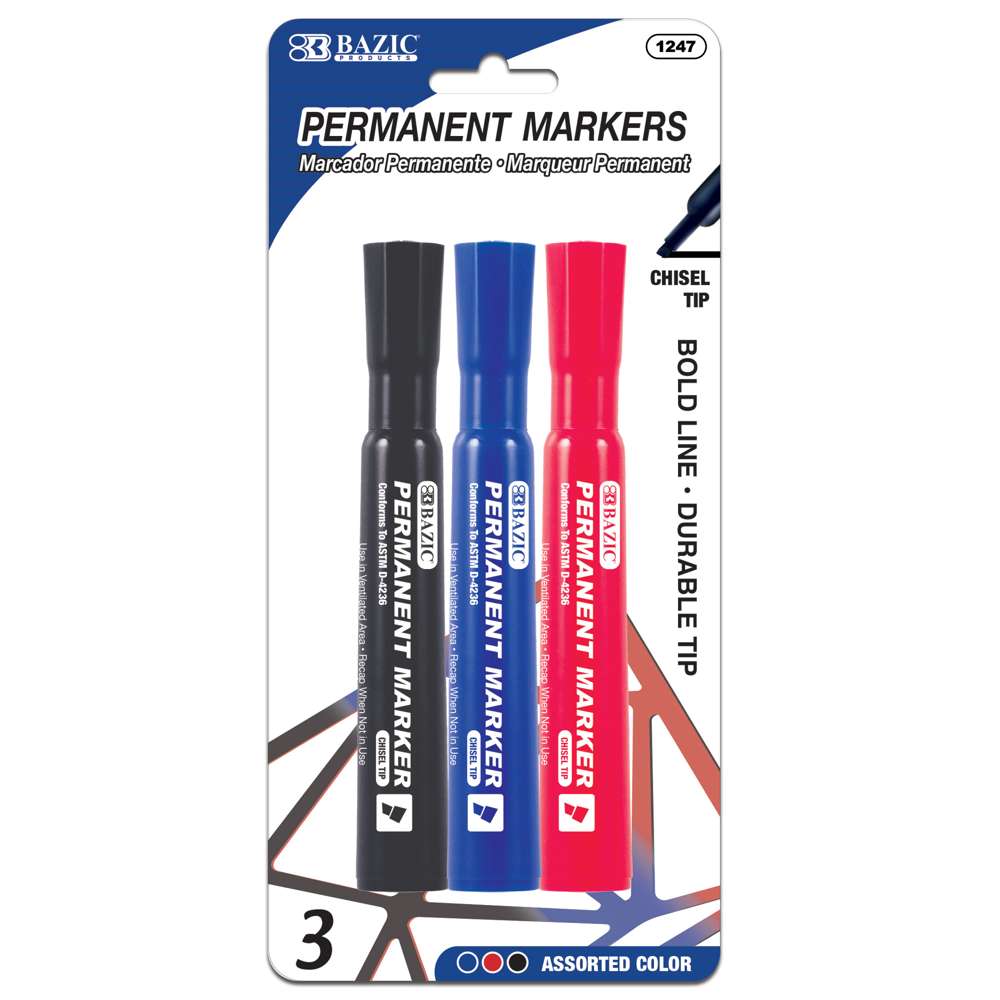 Assorted Colors Chisel Tip Desk Style Permanent Markers (3/Pack)