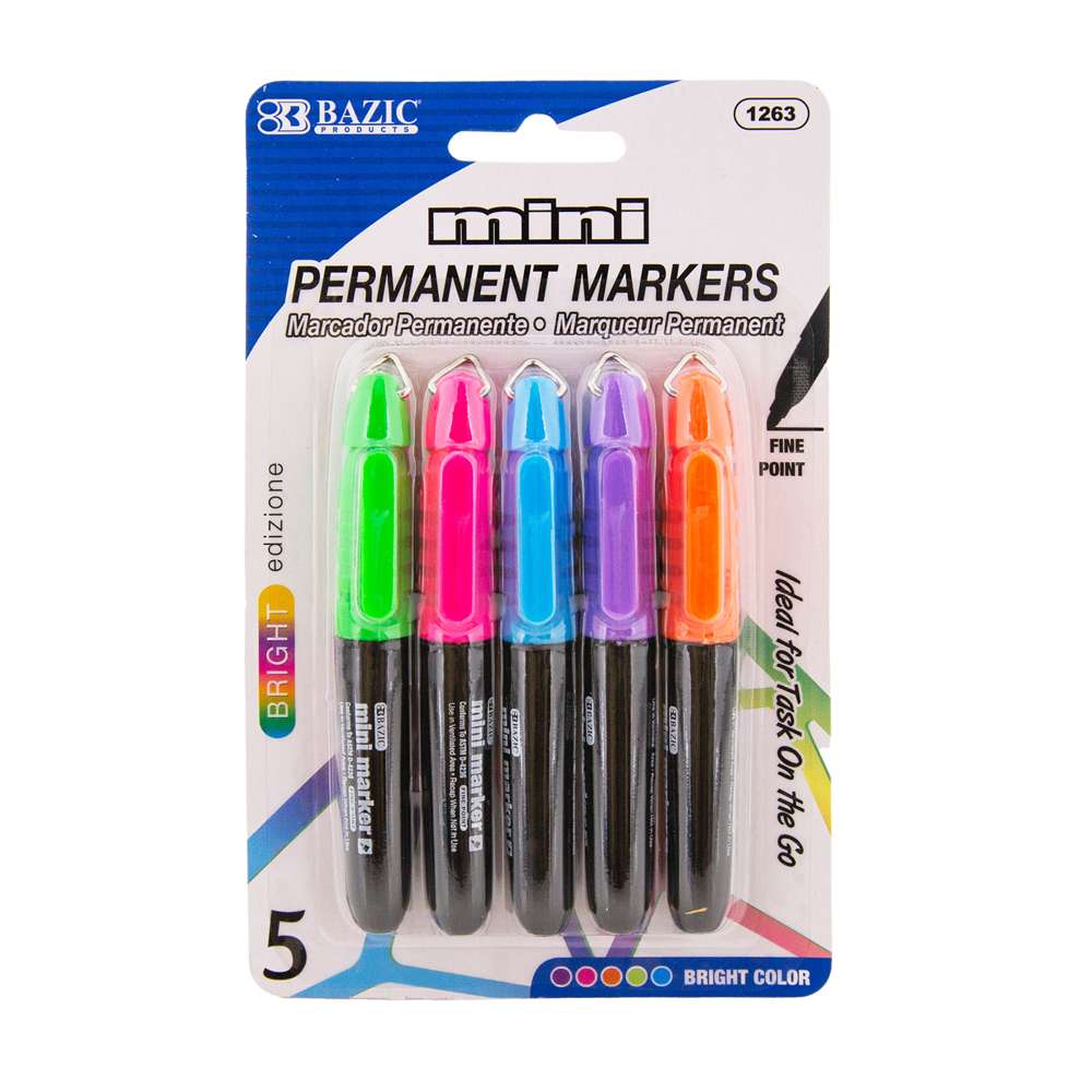 Fancy Colors Mini Fine Point Permanent Markers w/ Cap Clip (5/Pack)
