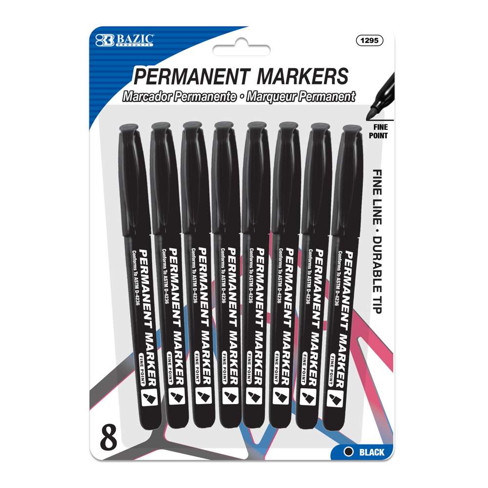 Fine Tip Black Permanent Markers w/ Pocket Clip (8/Pack)